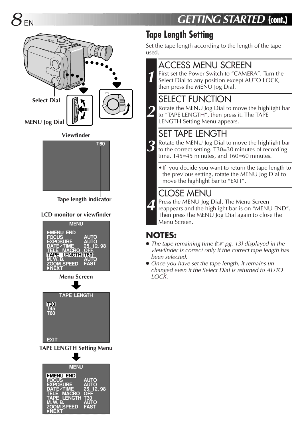 JVC GR-AXM43, LYT0075-001A manual Tape Length Setting, Access Menu Screen, Select Function, SET Tape Length, Close Menu 