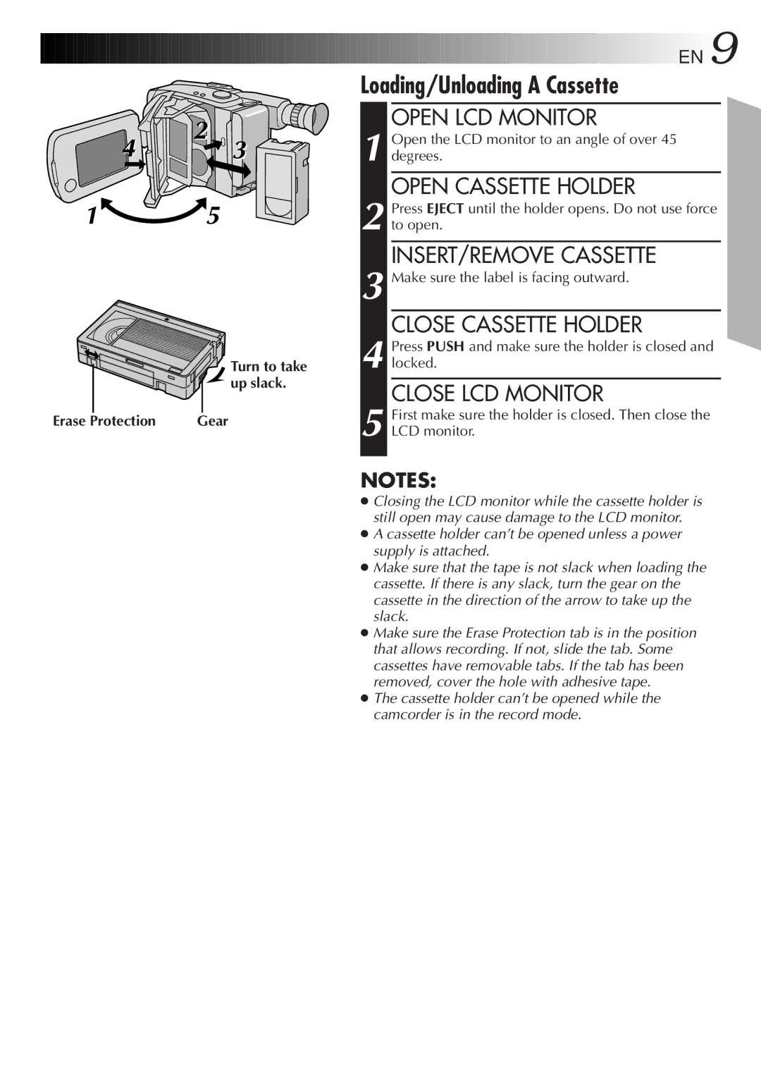 JVC LYT0075-001A, GR-AXM43 manual Loading/Unloading a Cassette 