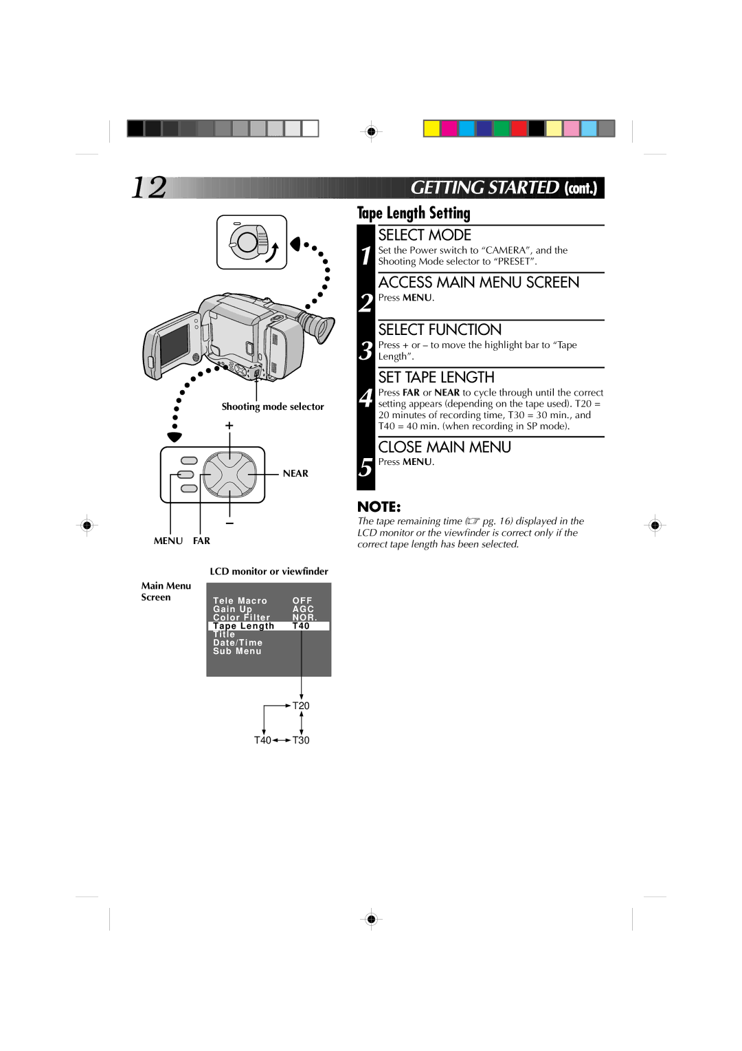 JVC GR-AXM4U manual Tape Length Setting, SET Tape Length, Press + or to move the highlight bar to Tape Length, Near 