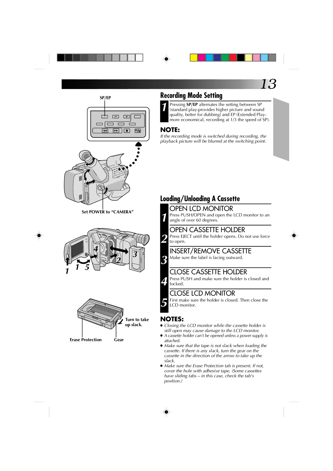 JVC GR-AXM4U manual Recording Mode Setting, Loading/Unloading a Cassette 