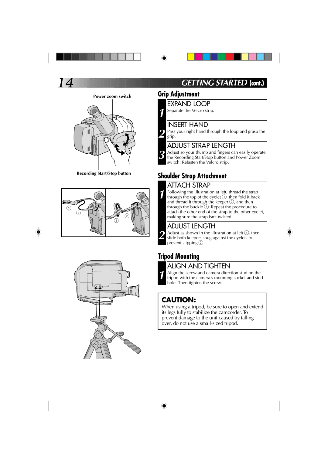 JVC GR-AXM4U manual Grip Adjustment, Shoulder Strap Attachment, Tripod Mounting 