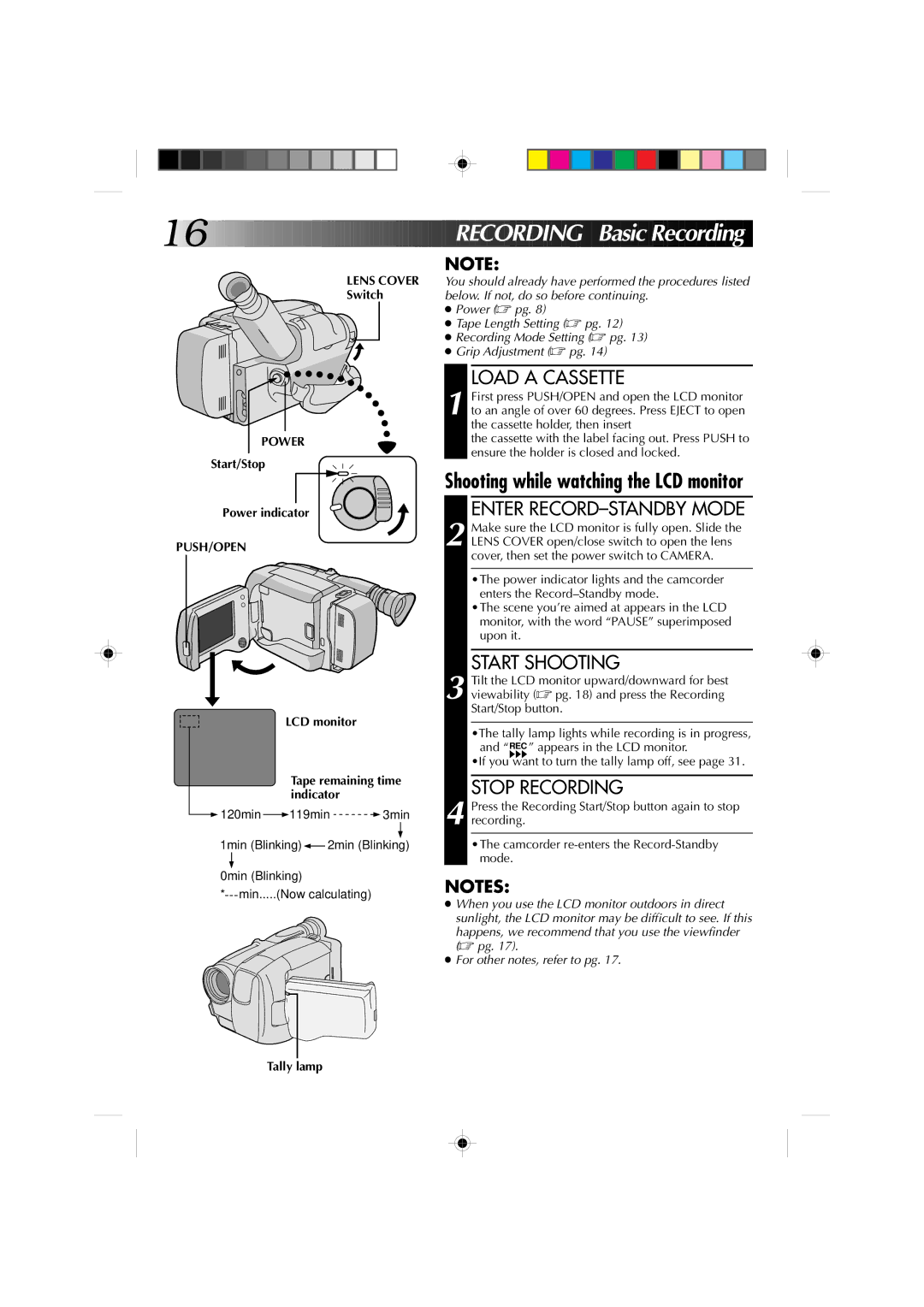 JVC GR-AXM4U manual RE Cording Basi c Recording, Shooting while watching the LCD monitor 