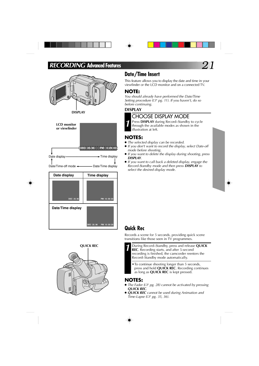 JVC GR-AXM4U manual Date/Time Insert, Quick Rec, Choose Display Mode, Quick REC 