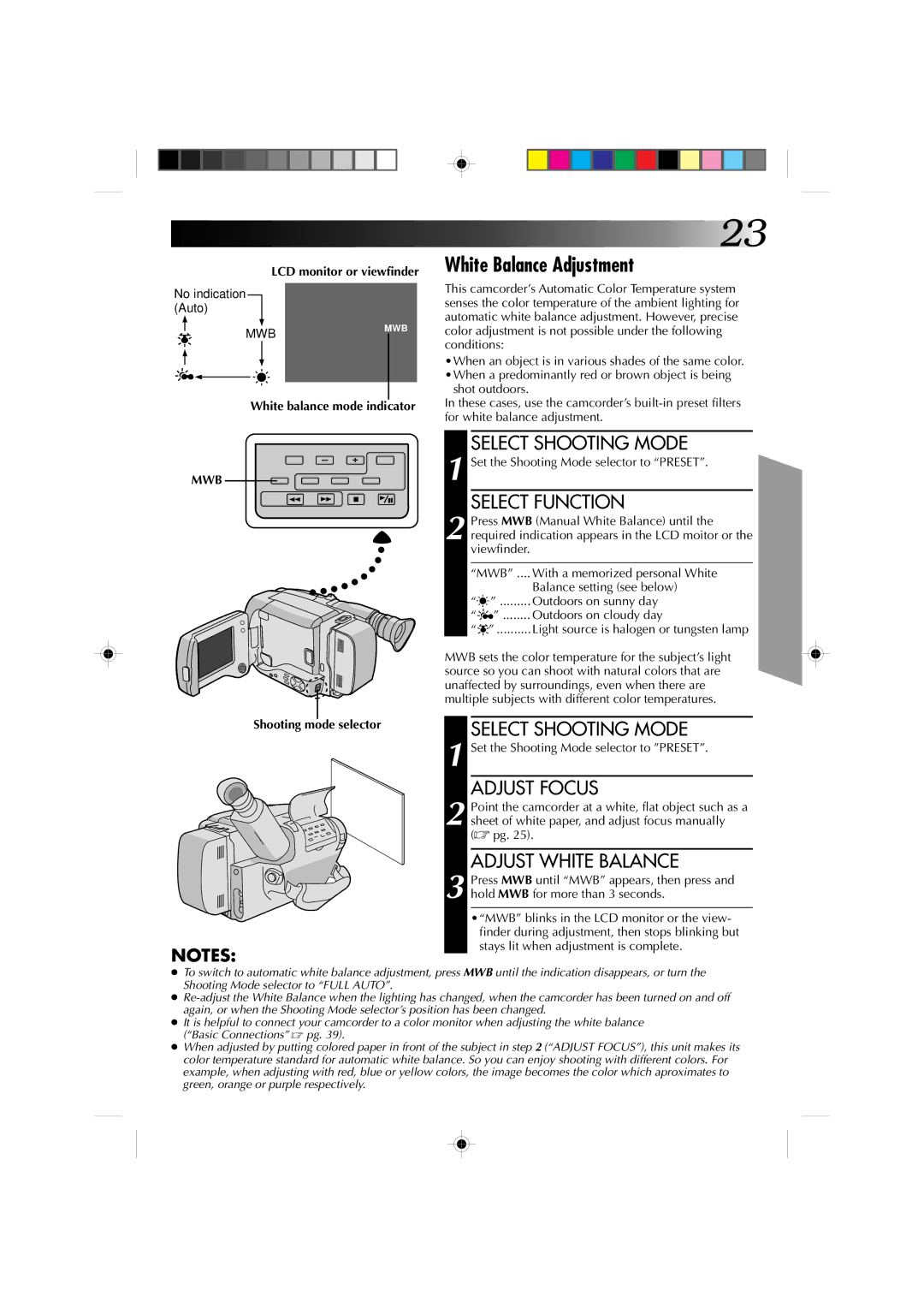 JVC GR-AXM4U manual White Balance Adjustment, Adjust Focus, Adjust White Balance, Mwb 