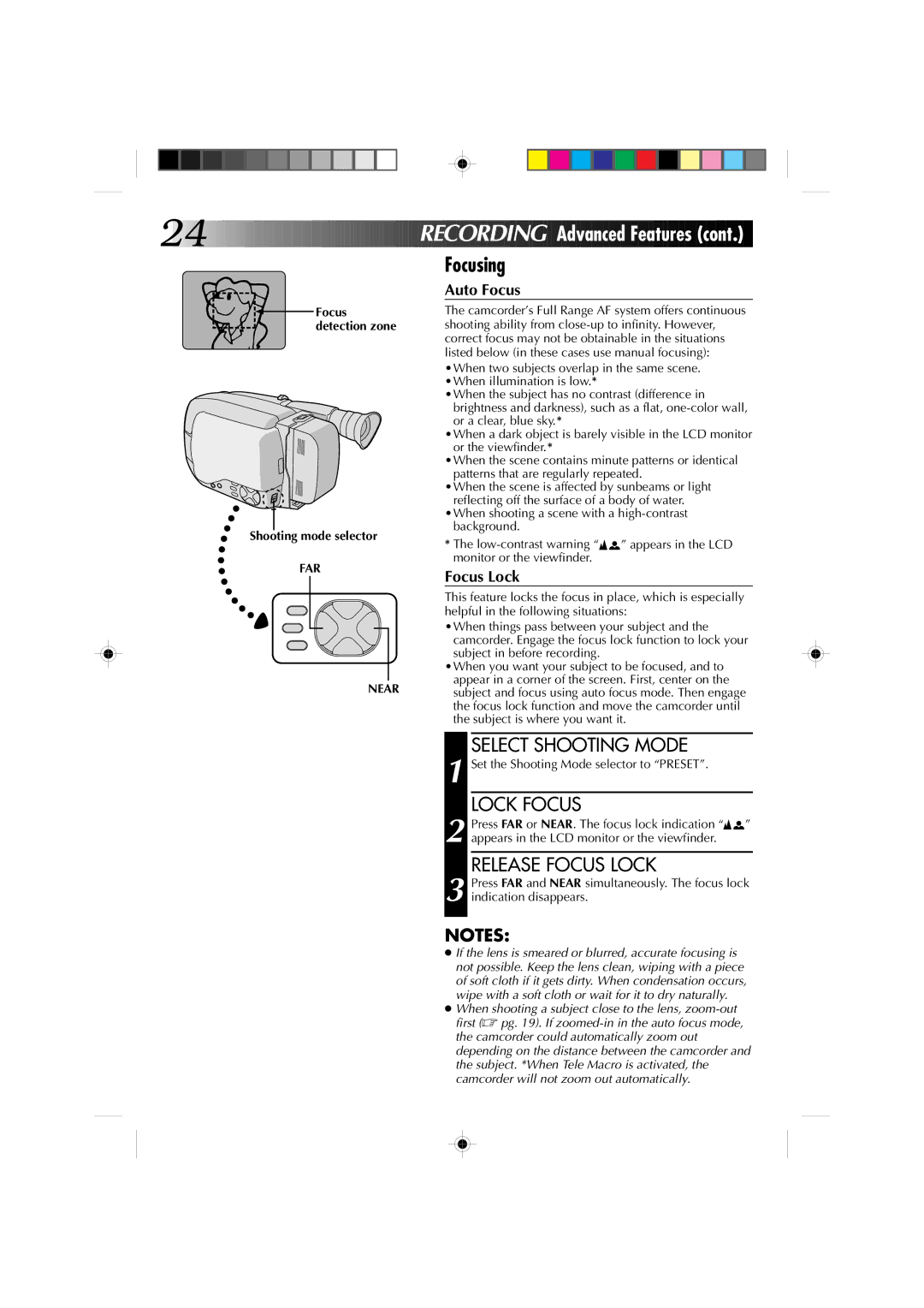 JVC GR-AXM4U manual Focusing, Lock Focus, Release Focus Lock, FAR Near 