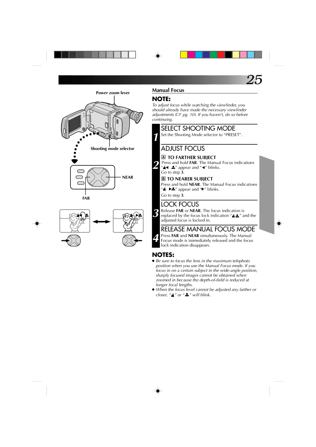 JVC GR-AXM4U manual Release Manual Focus Mode, Power zoom lever Shooting mode selector, Near FAR 