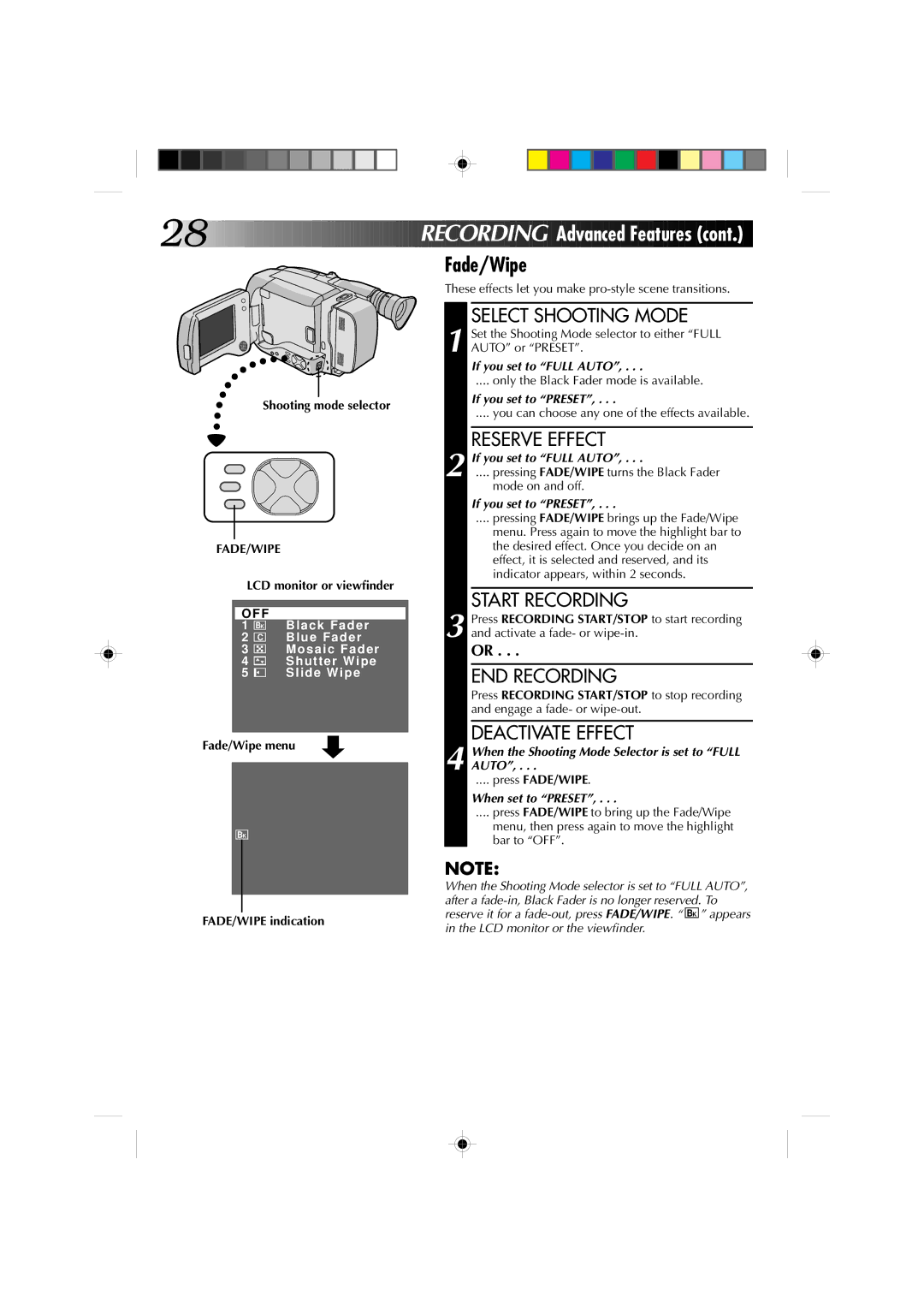 JVC GR-AXM4U manual Fade/Wipe, Reserve Effect, Start Recording, END Recording 