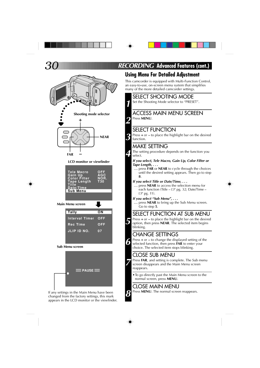 JVC GR-AXM4U manual Using Menu For Detailed Adjustment, Make Setting, Select Function AT SUB Menu, Change Settings 