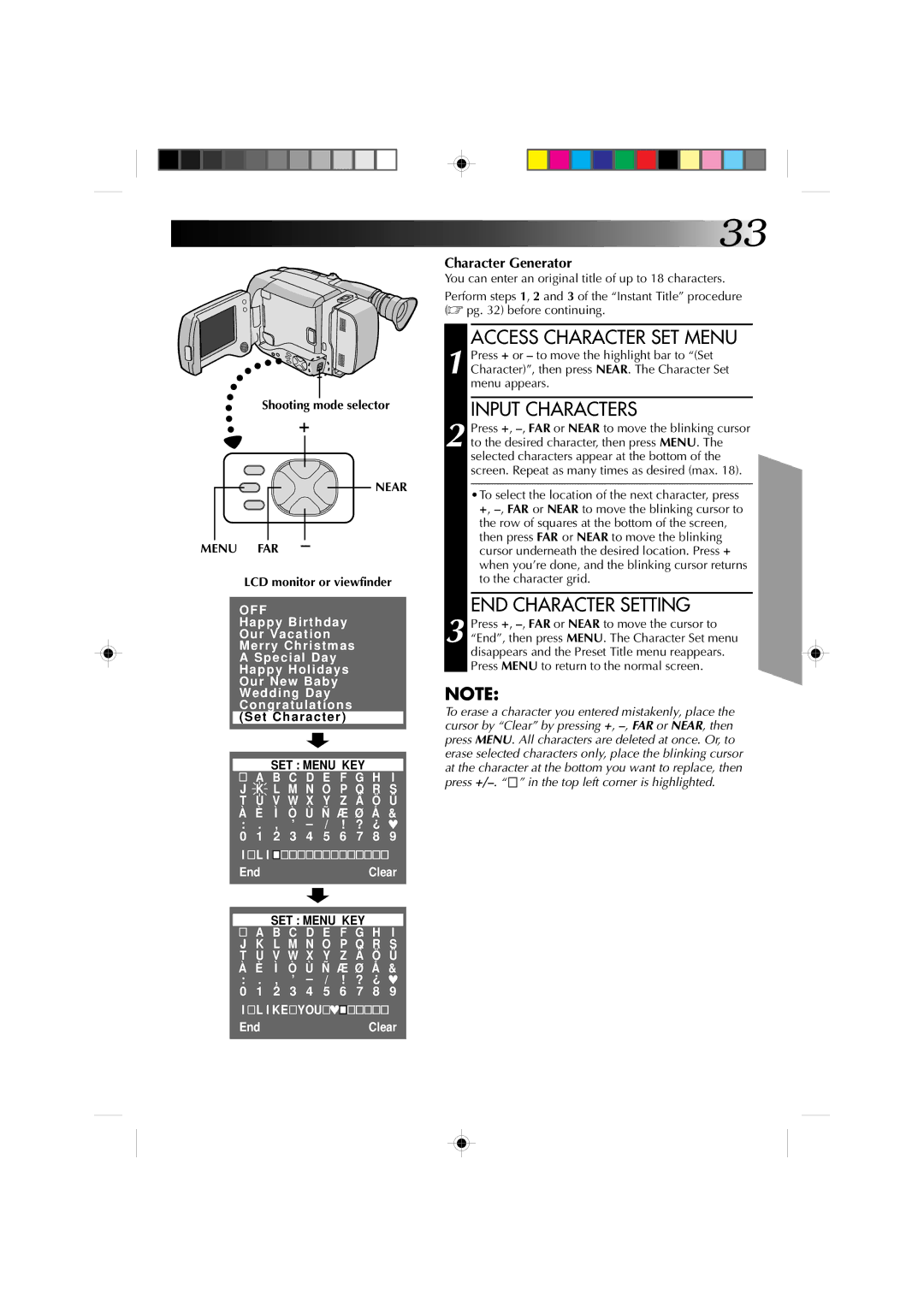 JVC GR-AXM4U manual Access Character SET Menu, Input Characters, END Character Setting 