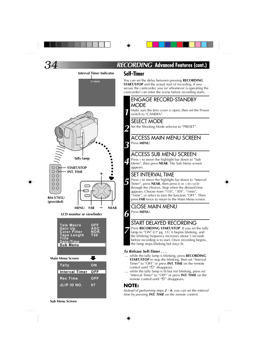 JVC GR-AXM4U manual Interval Timer Indicator, START/STOP INT. Time, RM-V705U provided, Menu FAR Near 