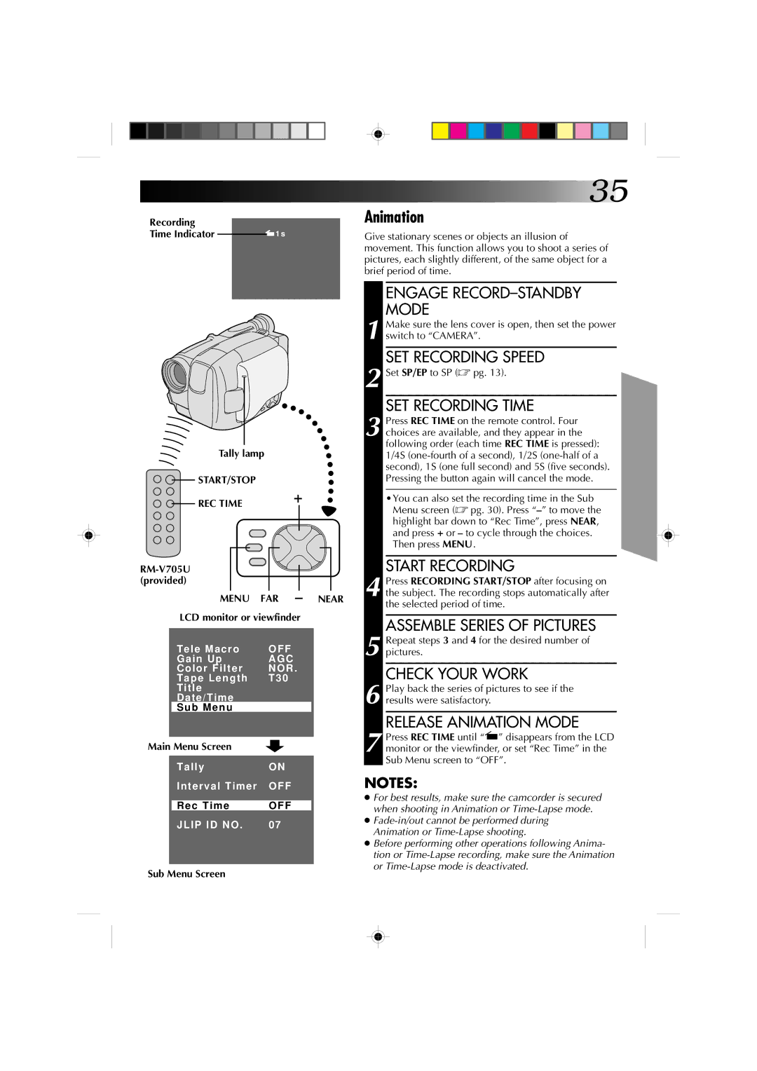 JVC GR-AXM4U manual Check Your Work, Release Animation Mode, Recording Time Indicator 1 s Tally lamp, START/STOP REC Time 