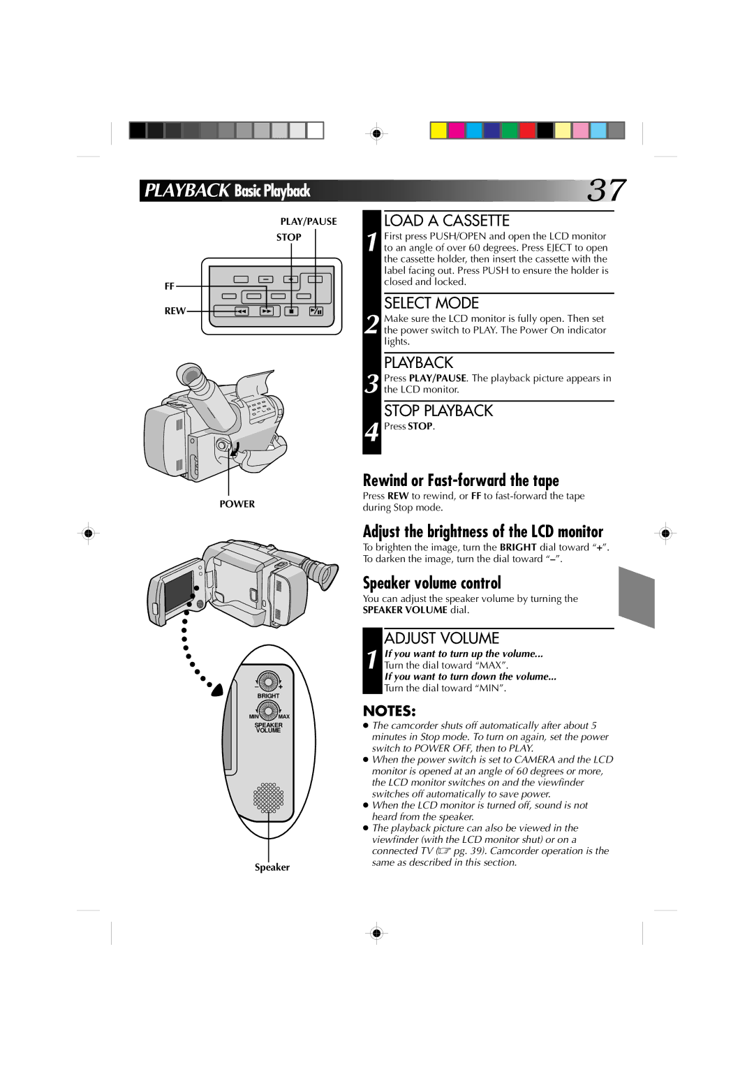 JVC GR-AXM4U manual Rewind or Fast-forward the tape, Adjust the brightness of the LCD monitor, Speaker volume control 