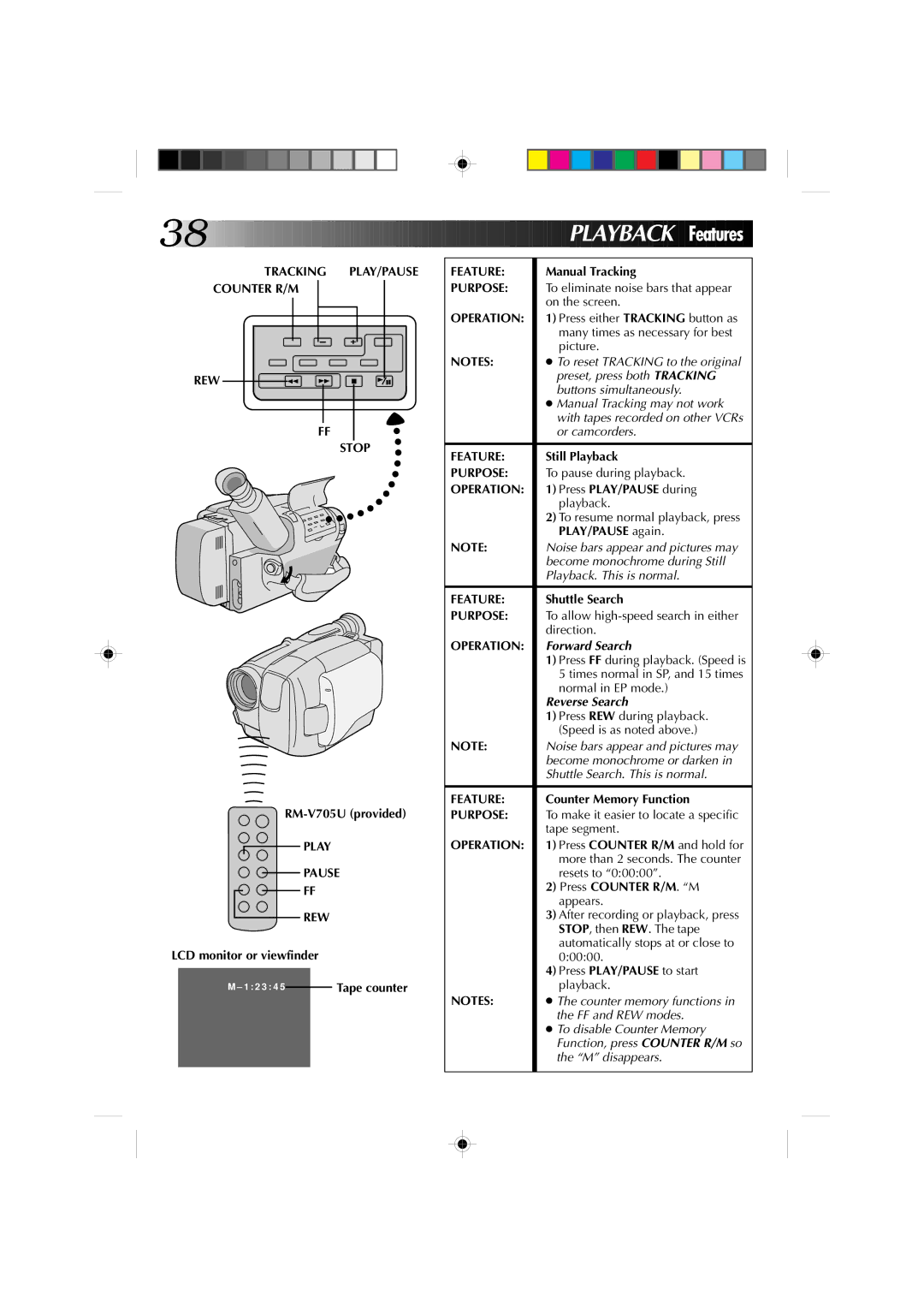 JVC GR-AXM4U manual Play Back Features, Tracking PLAY/PAUSE Counter R/M REW Stop, Play Pause REW 