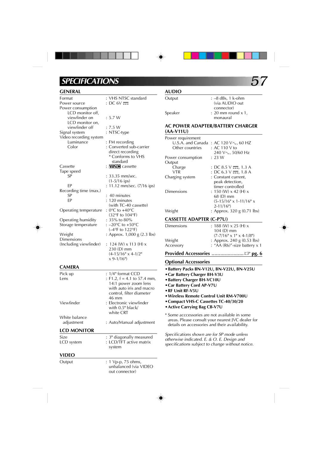 JVC GR-AXM4U manual Dimensions Including viewfinder X 113 H 15/16 x 4-1/2 1/16, Output Vp-p, 75 ohms, Out connector 