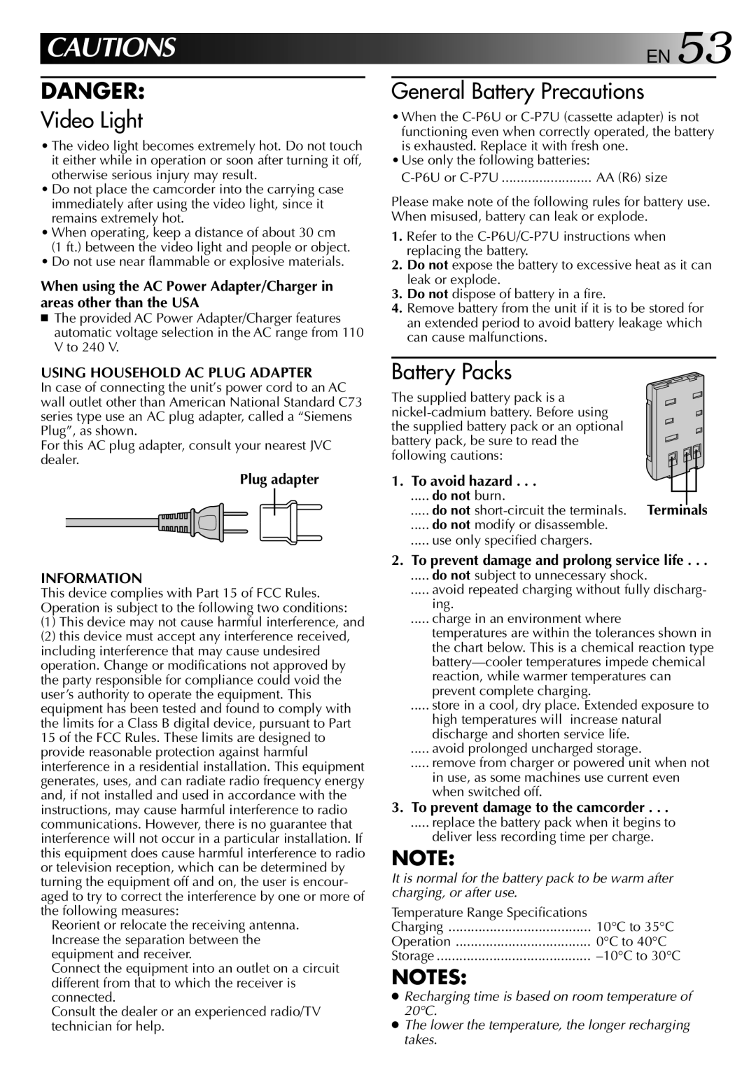 JVC GR-AXM50 manual Using Household AC Plug Adapter, Plug adapter, To avoid hazard, Information 