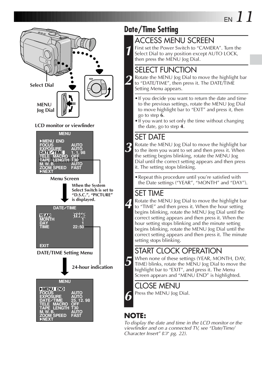 JVC GR-AXM500 specifications Select Dial, Jog Dial LCD monitor or viewfinder, DATE/TIME Setting Menu 