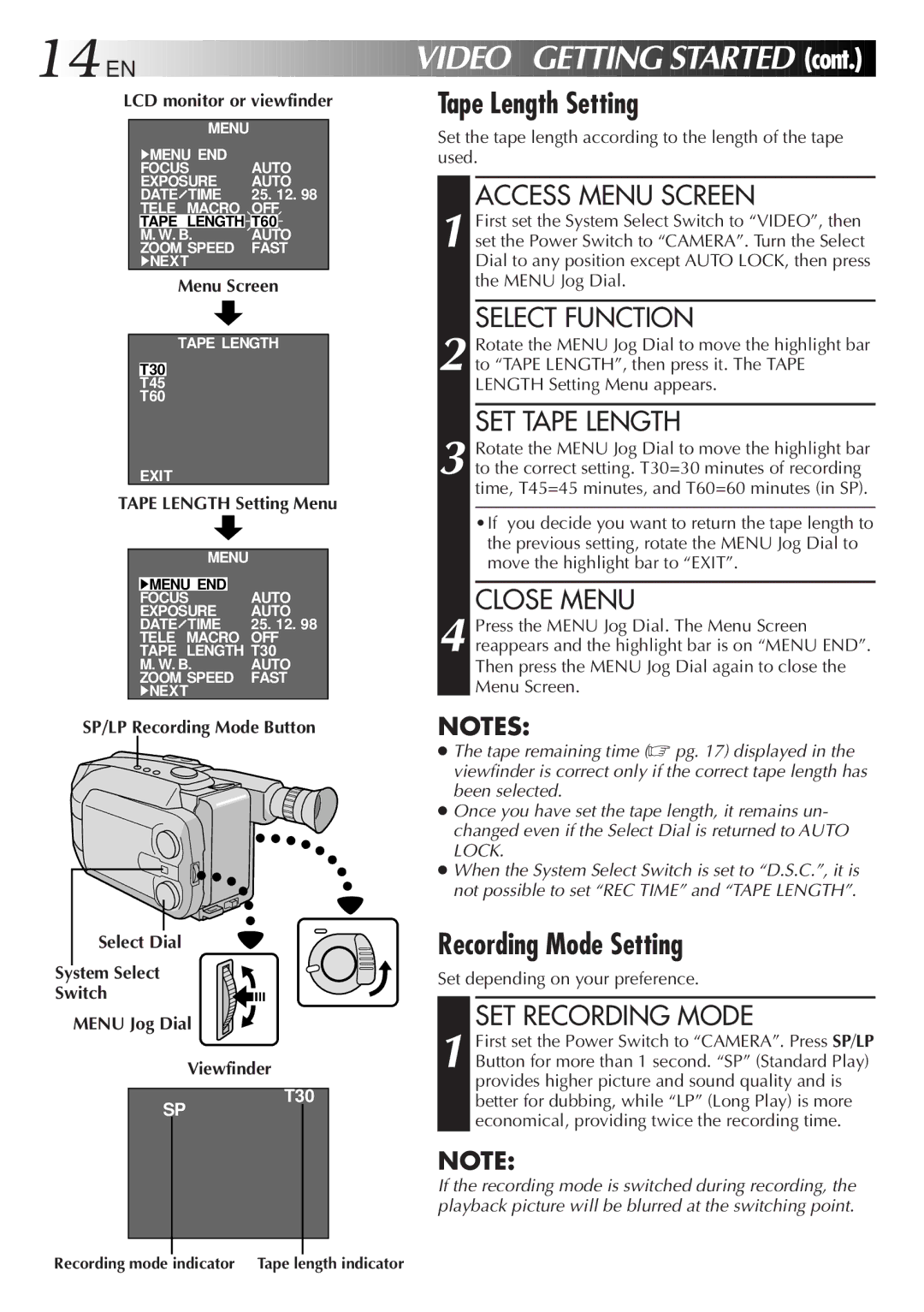 JVC GR-AXM500 specifications Cont, Recording Mode Setting, SET Recording Mode 