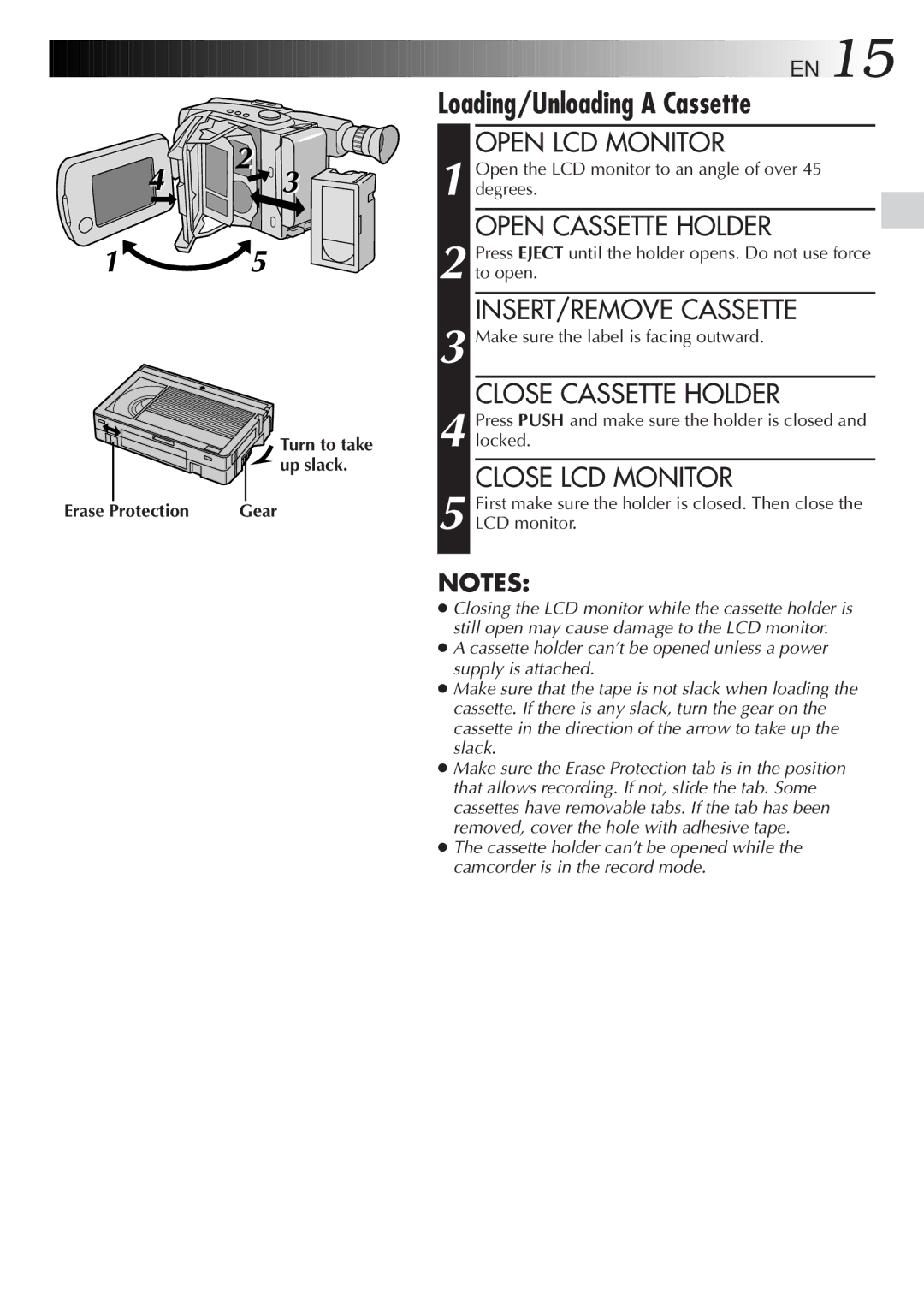 JVC GR-AXM500 specifications Loading/Unloading a Cassette 