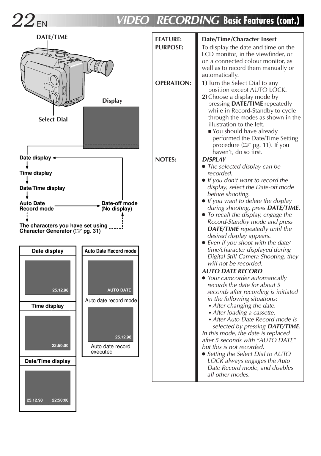 JVC GR-AXM500 specifications Video Recording Basic Features, Date/Time, Display Select Dial, Feature Purpose Operation 