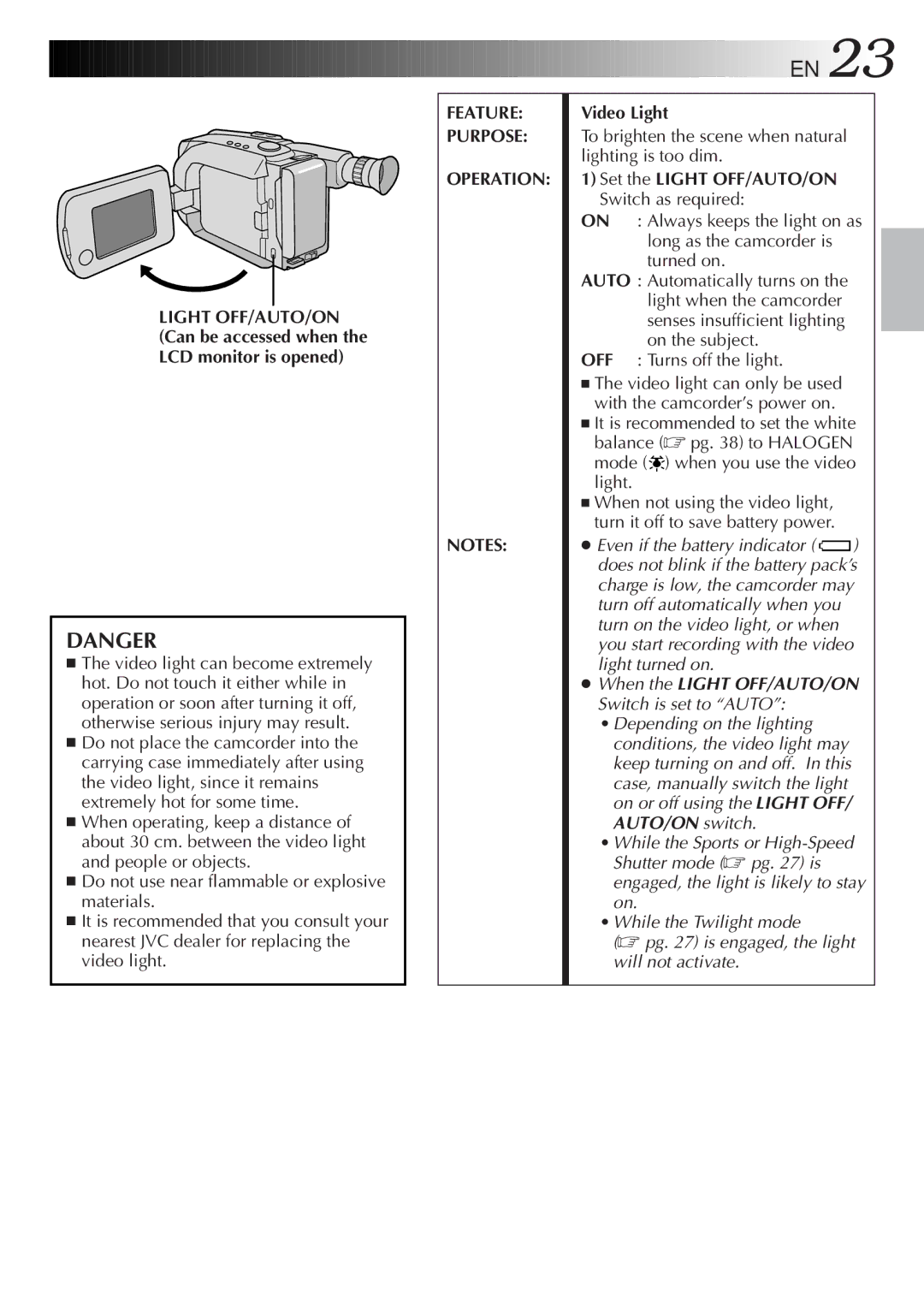 JVC GR-AXM500 Video Light, To brighten the scene when natural lighting is too dim, Mode when you use the video light 