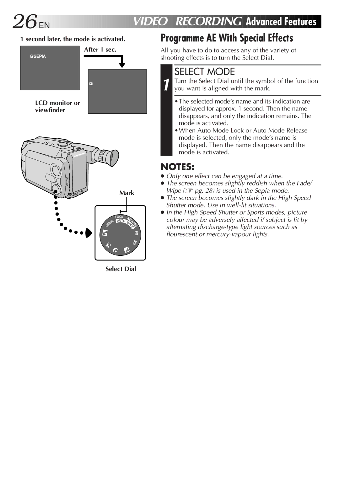 JVC GR-AXM500 EN Video Recording Advanced Features, Programme AE With Special Effects, LCD monitor or viewfinder Mark 