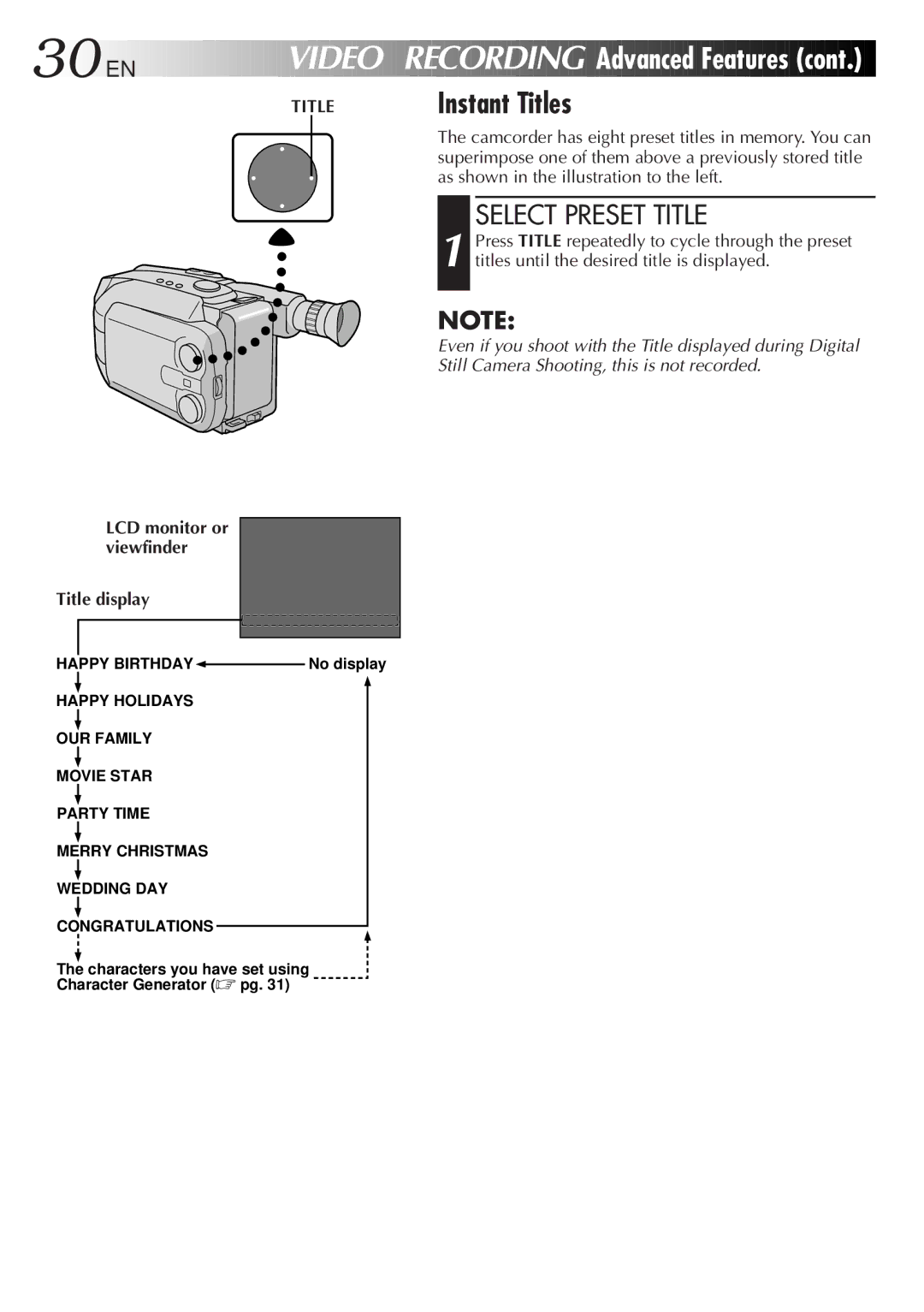 JVC GR-AXM500 specifications Instant Titles, Select Preset Title, LCD monitor or viewfinder Title display 