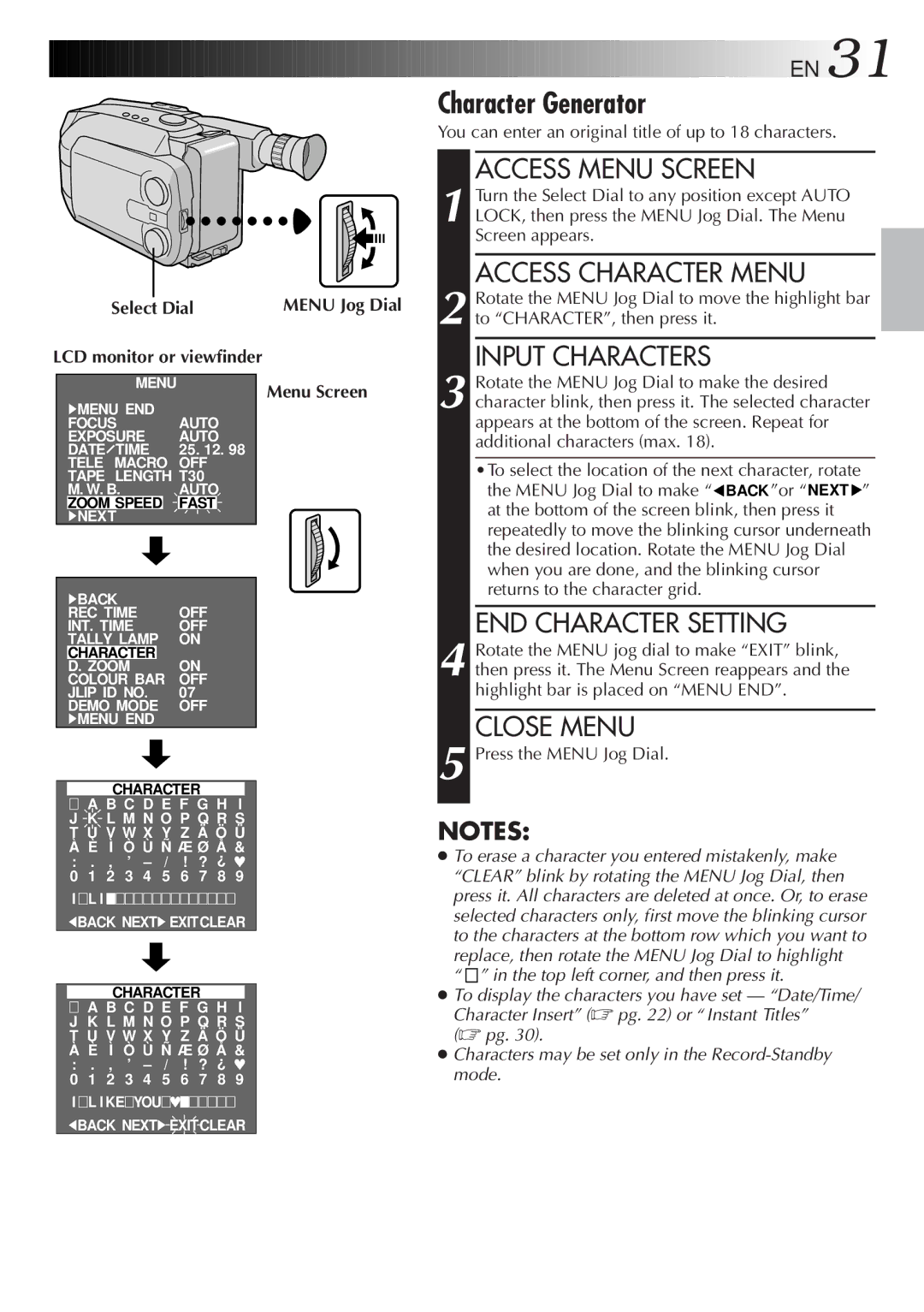 JVC GR-AXM500 specifications END Character Setting, Close Menu, Menu Jog Dial Menu Screen, Press the Menu Jog Dial 