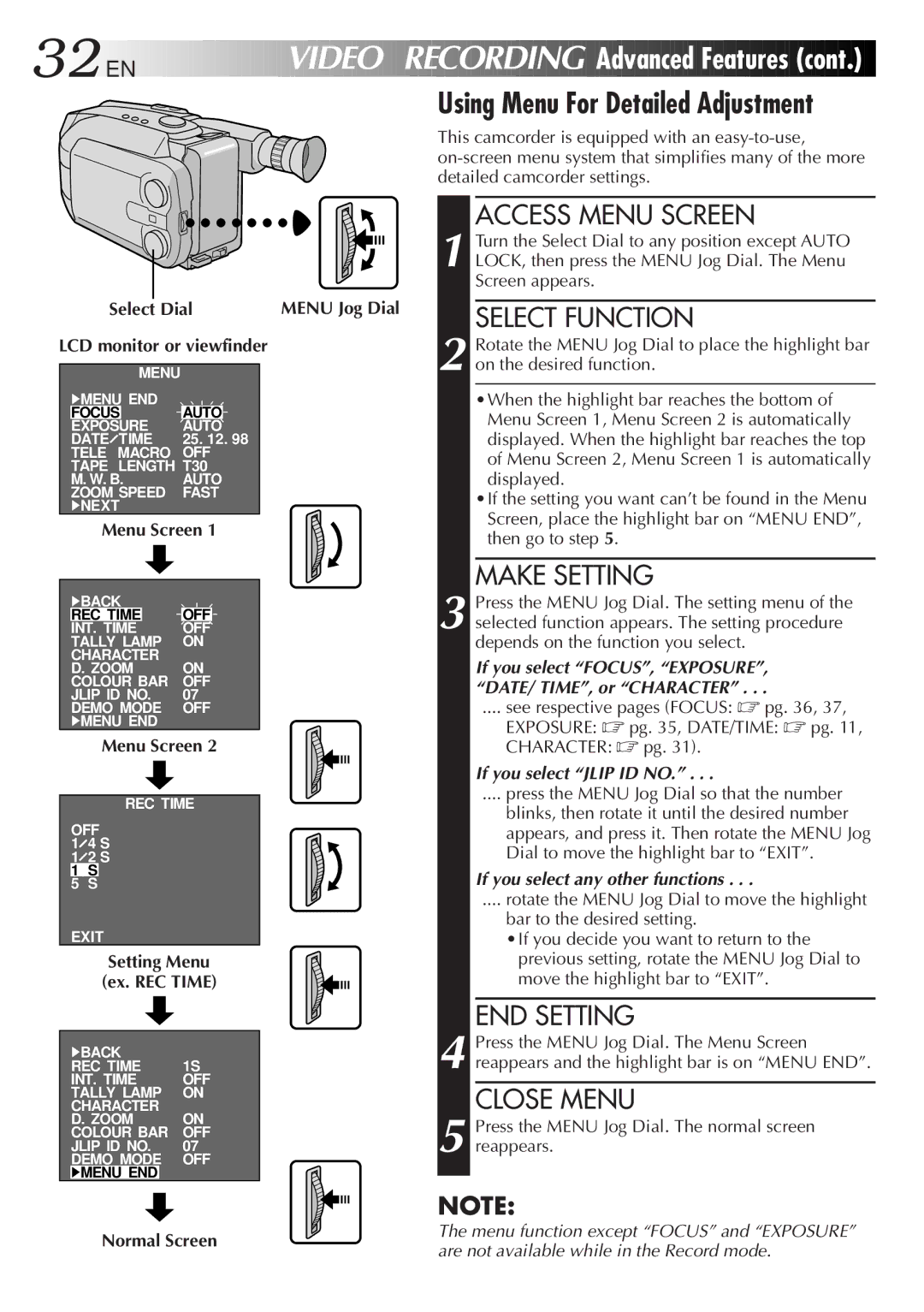 JVC GR-AXM500 specifications Video Recording Advanced Features, Using Menu For Detailed Adjustment 