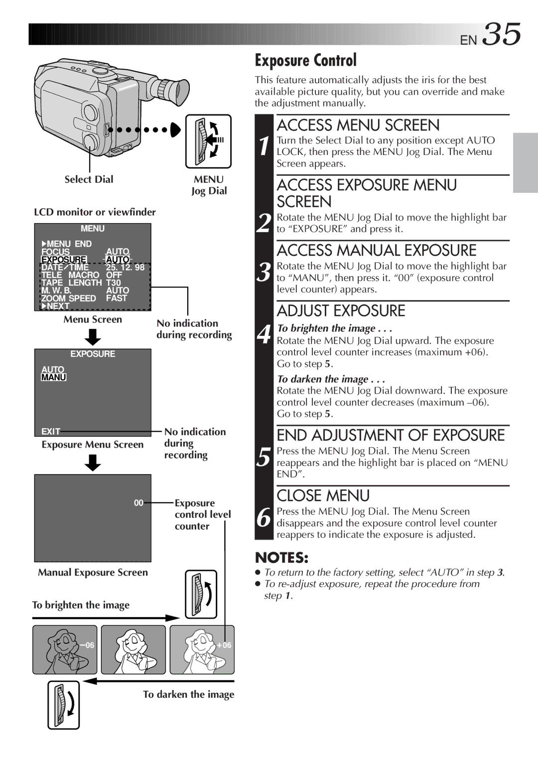 JVC GR-AXM500 specifications Manual Exposure Screen To brighten the image, To darken the image 