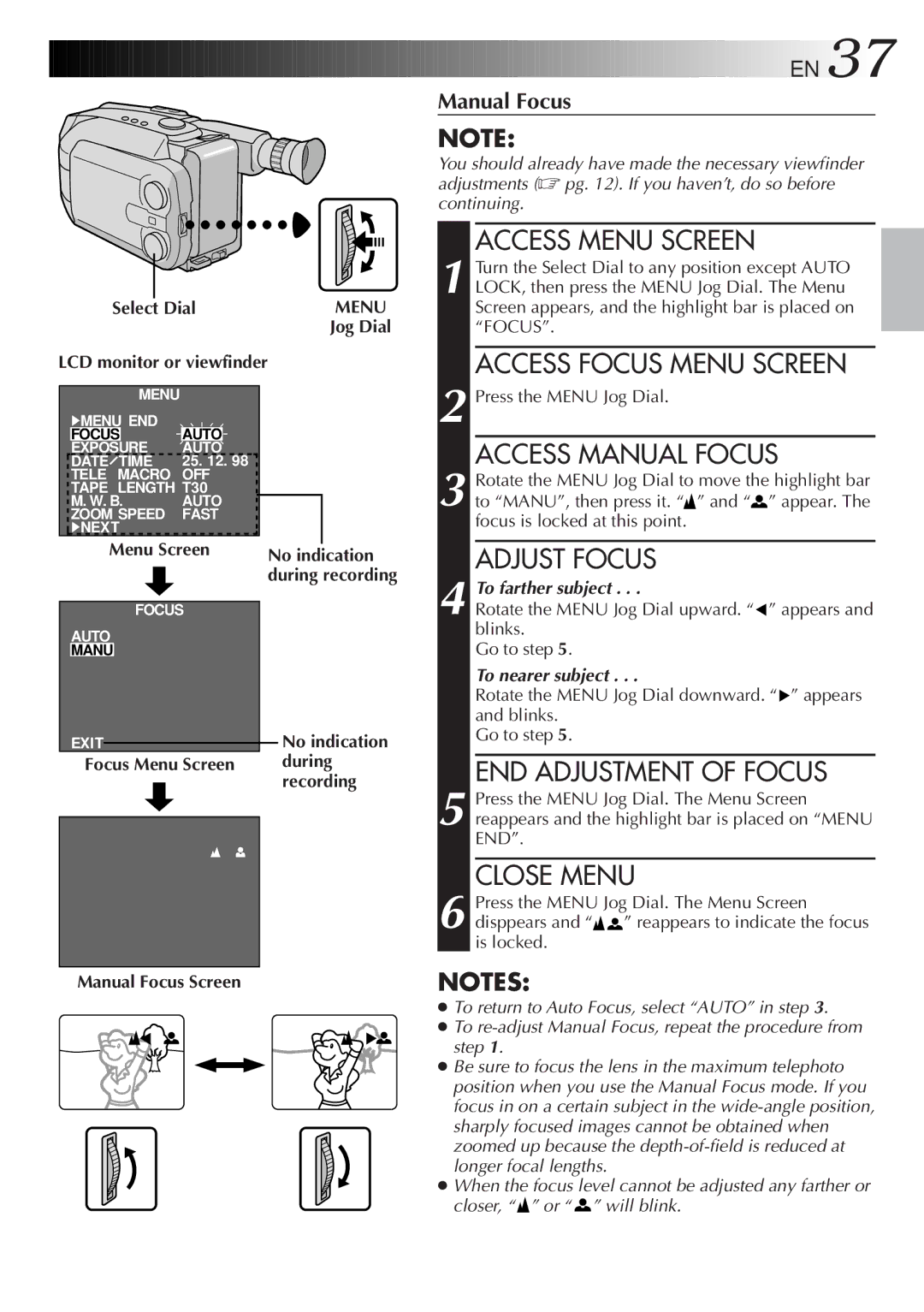 JVC GR-AXM500 specifications END Adjustment of Focus, Focus Menu Screen, Manual Focus Screen 