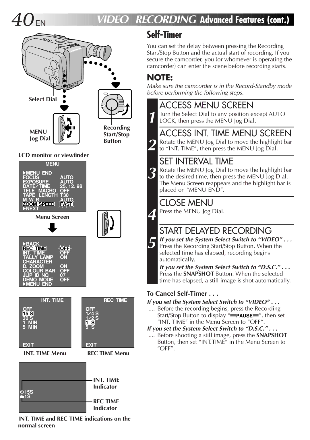 JVC GR-AXM500 specifications INT. Time Menu, REC Time Menu, Indicator 