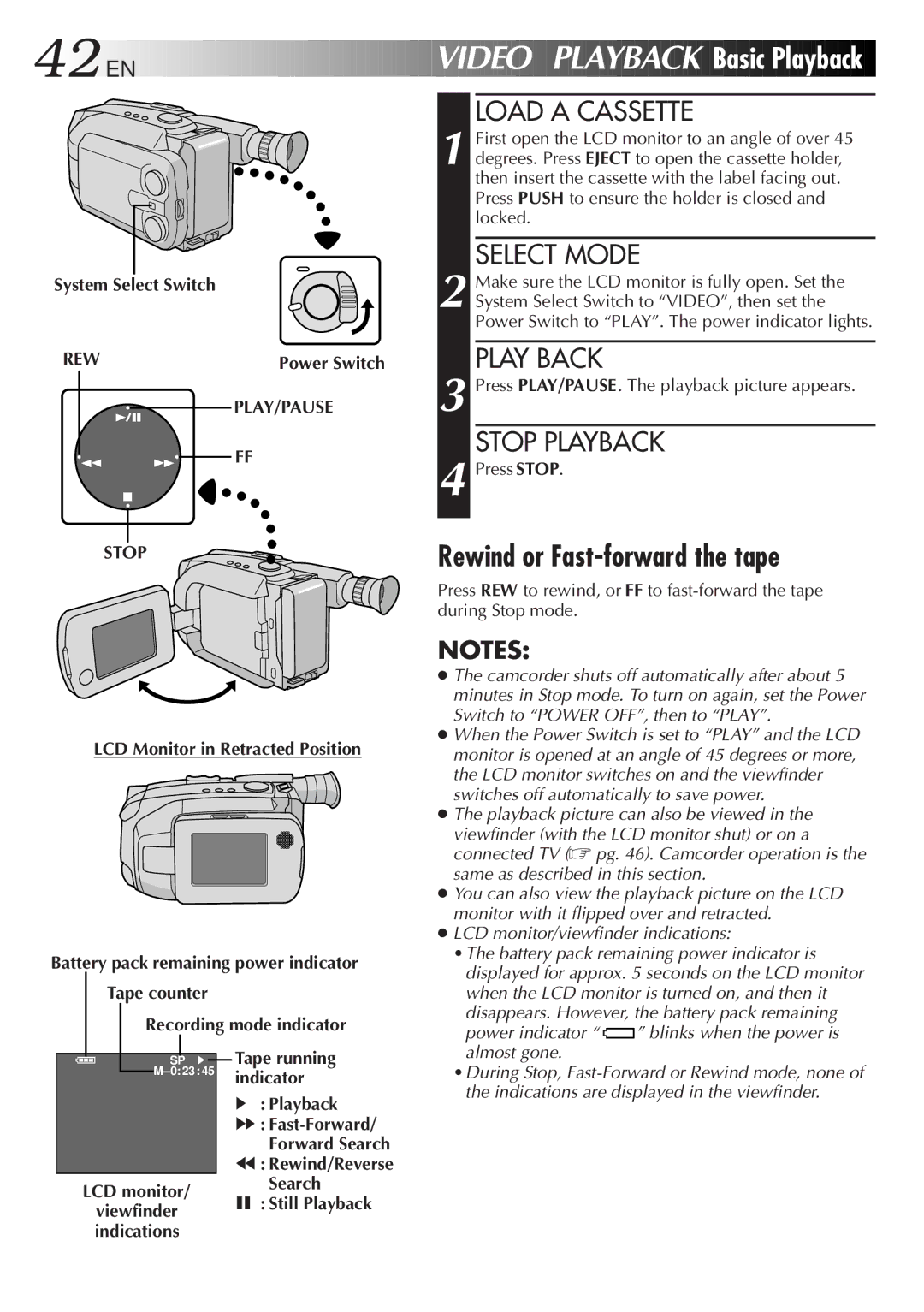 JVC GR-AXM500 specifications Basic Playback, Rewind or Fast-forward the tape, Play Back, Stop Playback 