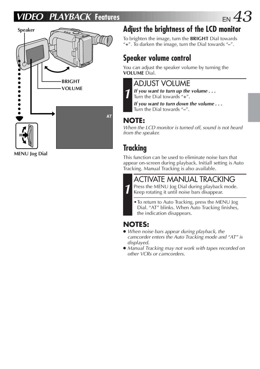 JVC GR-AXM500 specifications Features EN, Speaker volume control, Adjust Volume, Activate Manual Tracking 
