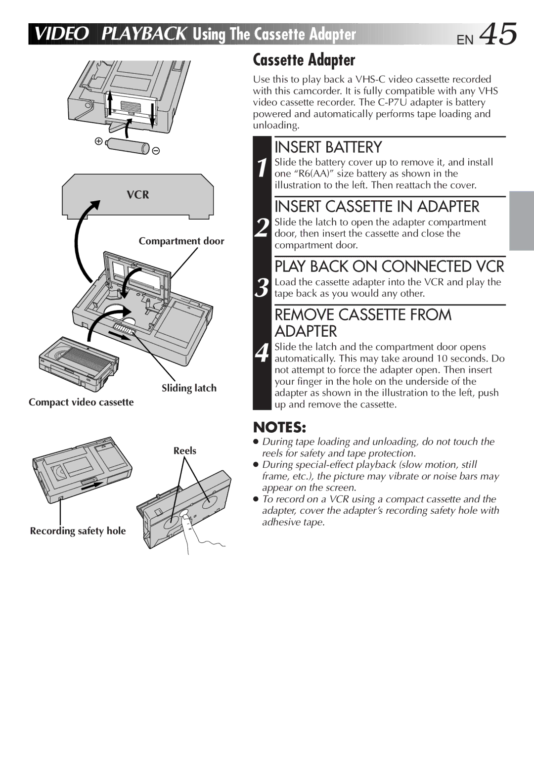 JVC GR-AXM500 specifications Using The Cassette Adapter EN, Insert Cassette in Adapter, Play Back on Connected VCR 