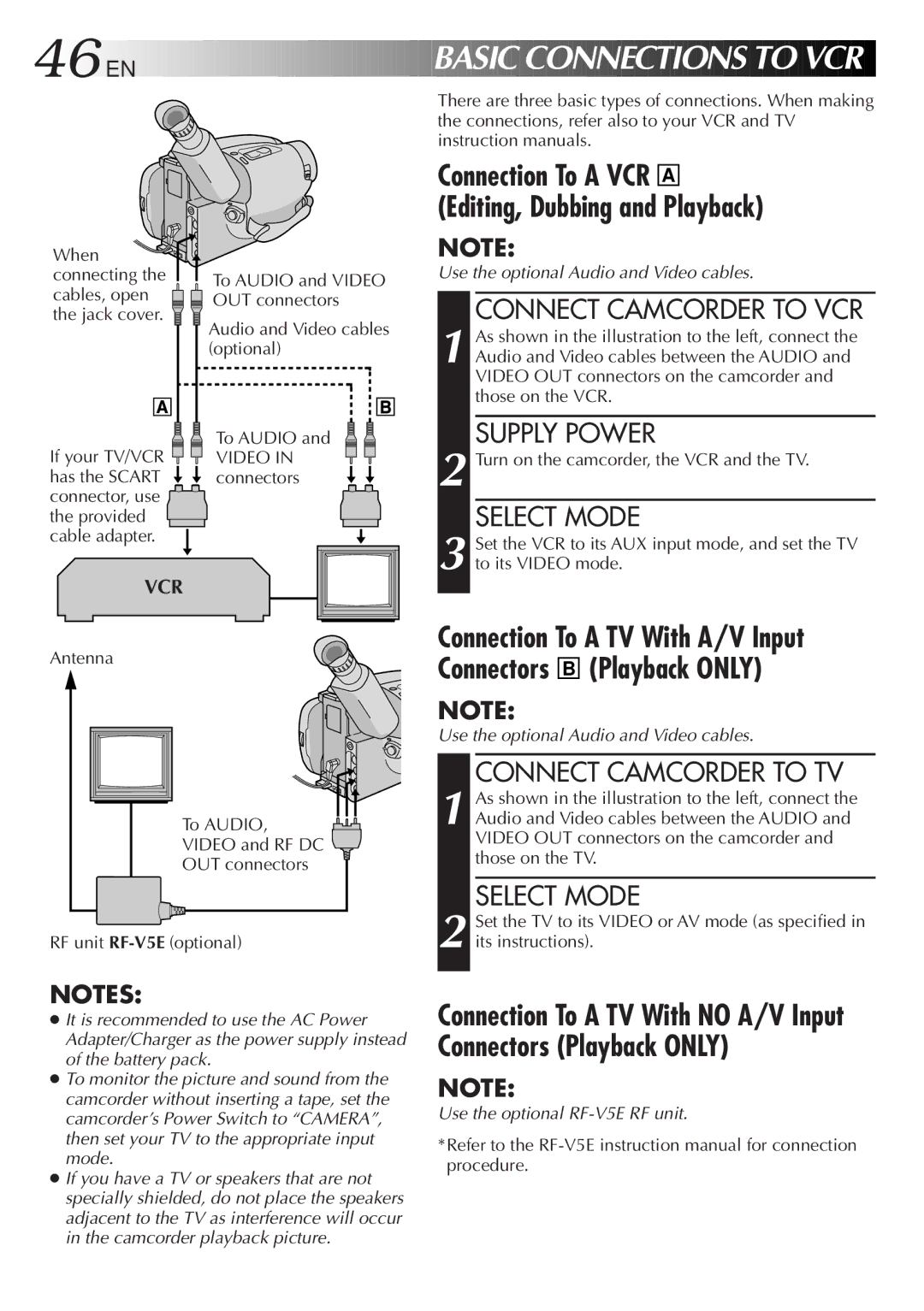 JVC GR-AXM500 specifications Connect Camcorder to VCR, Connect Camcorder to TV, Turn on the camcorder, the VCR and the TV 