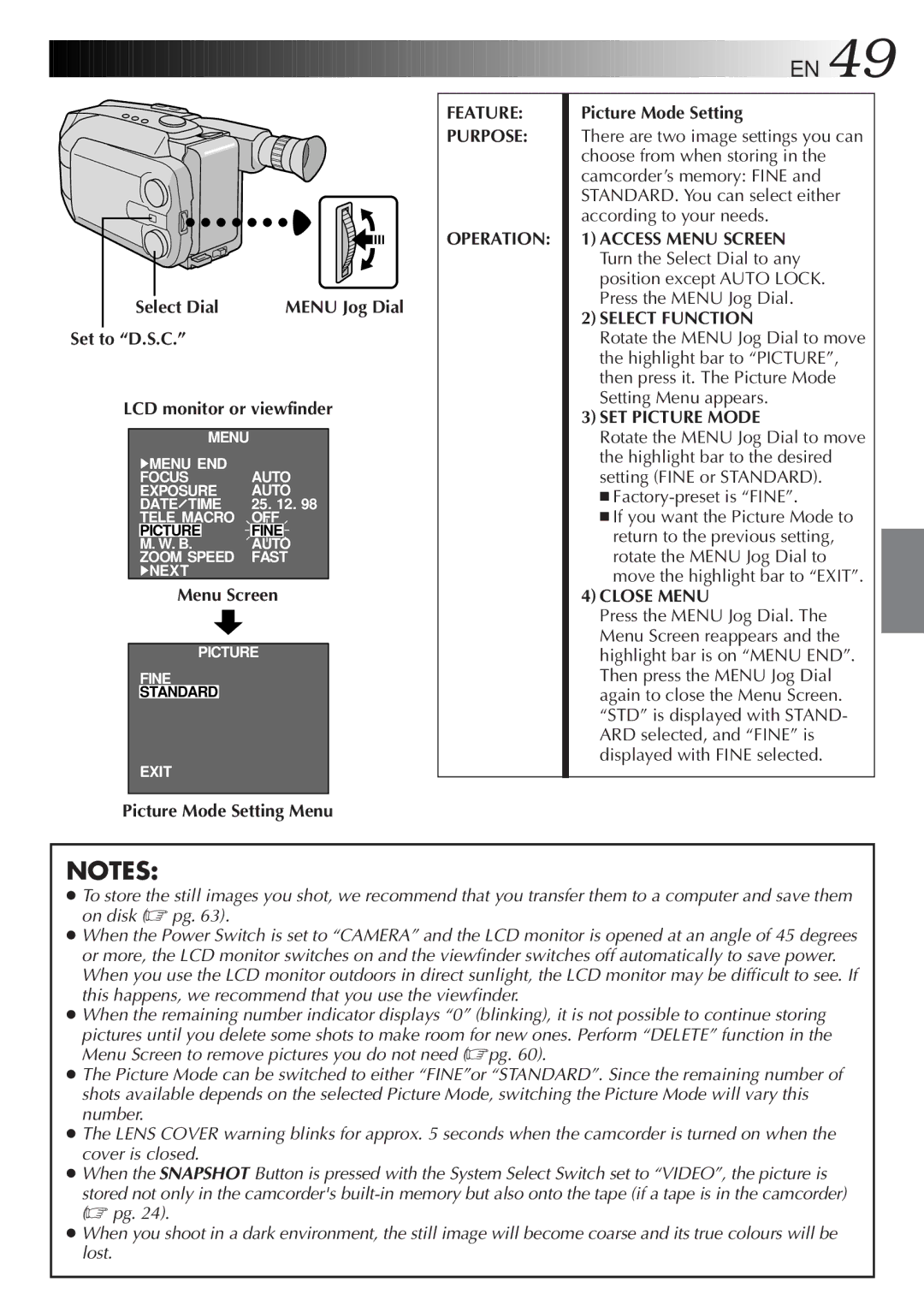 JVC GR-AXM500 specifications Picture Mode Setting Menu, Select Function, SET Picture Mode, Close Menu 