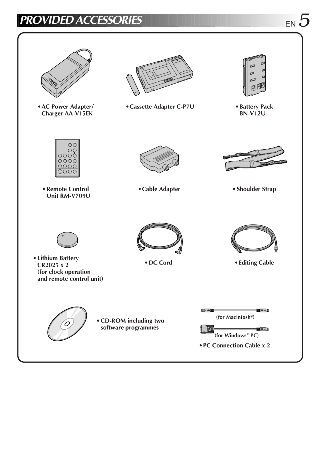 JVC GR-AXM500 specifications Cassette Adapter C-P7U, BN-V12U, Cable Adapter, DC Cord, PC Connection Cable x 