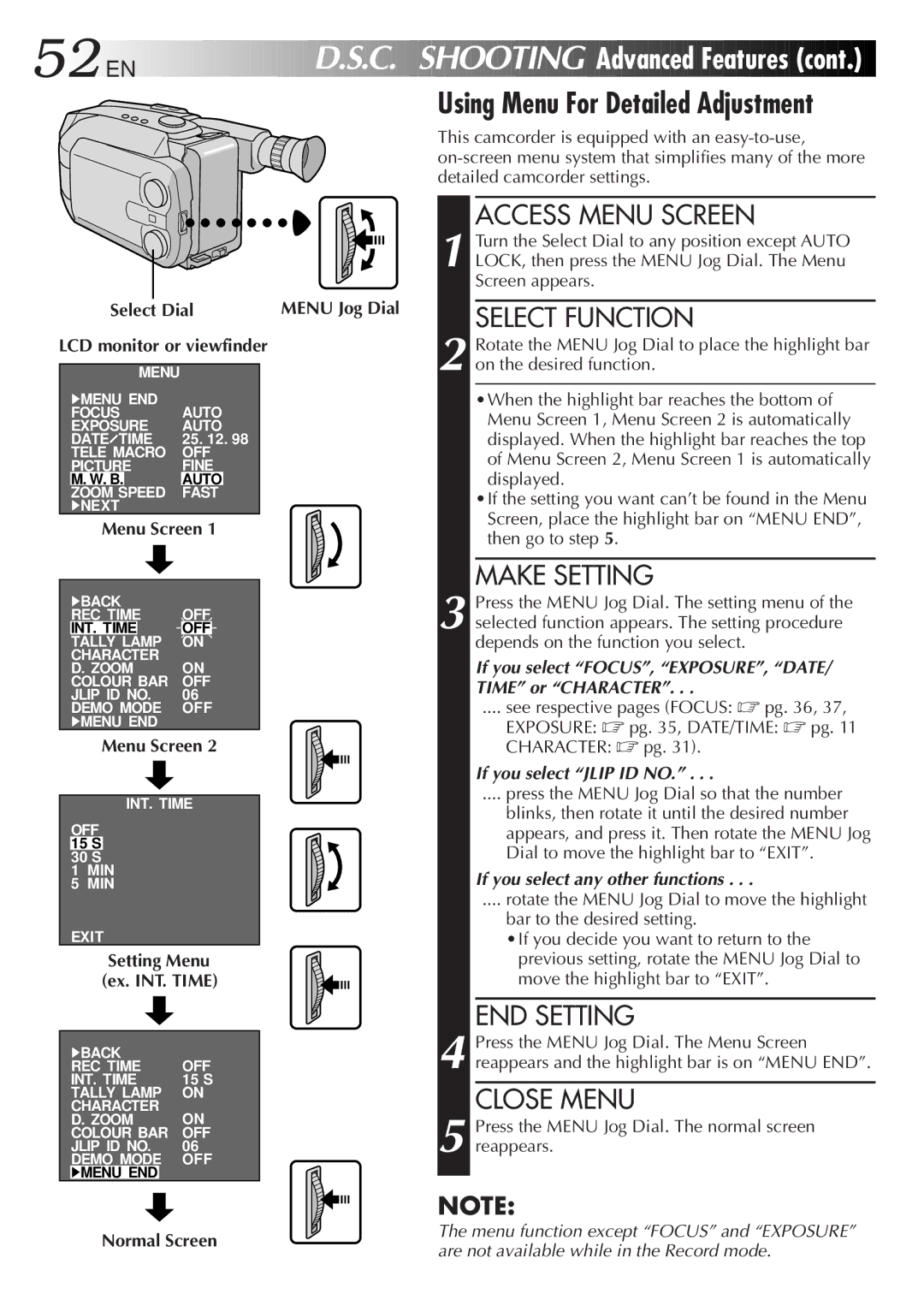 JVC GR-AXM500 specifications If you select FOCUS, EXPOSURE, DATE/ Time or Character 