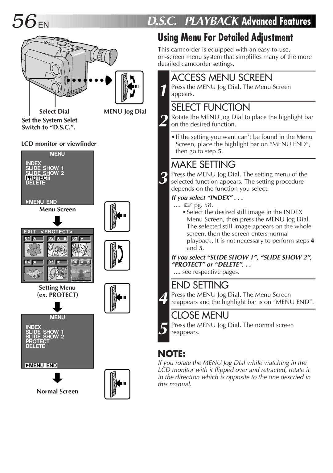 JVC GR-AXM500 C. Playback Advanced Features, Select Dial Menu Jog Dial, Set the System Selet, Switch to D.S.C 