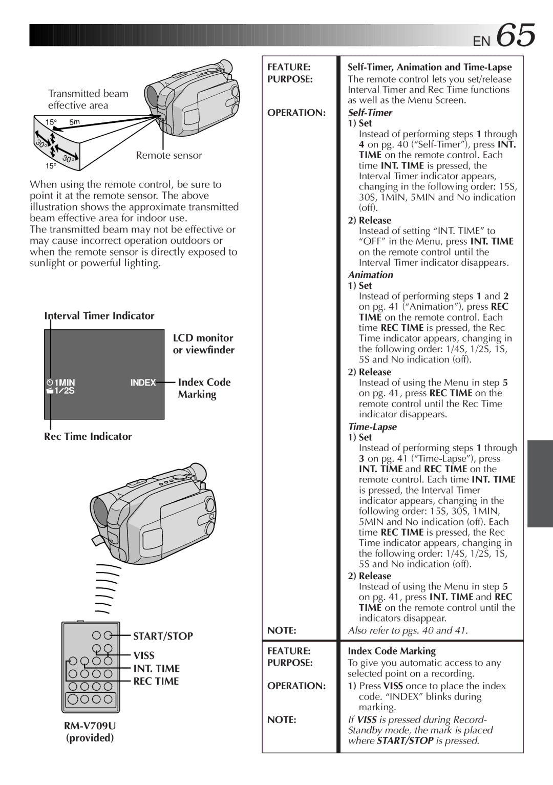 JVC GR-AXM500 specifications Transmitted beam effective area, Interval Timer Indicator, Rec Time Indicator 