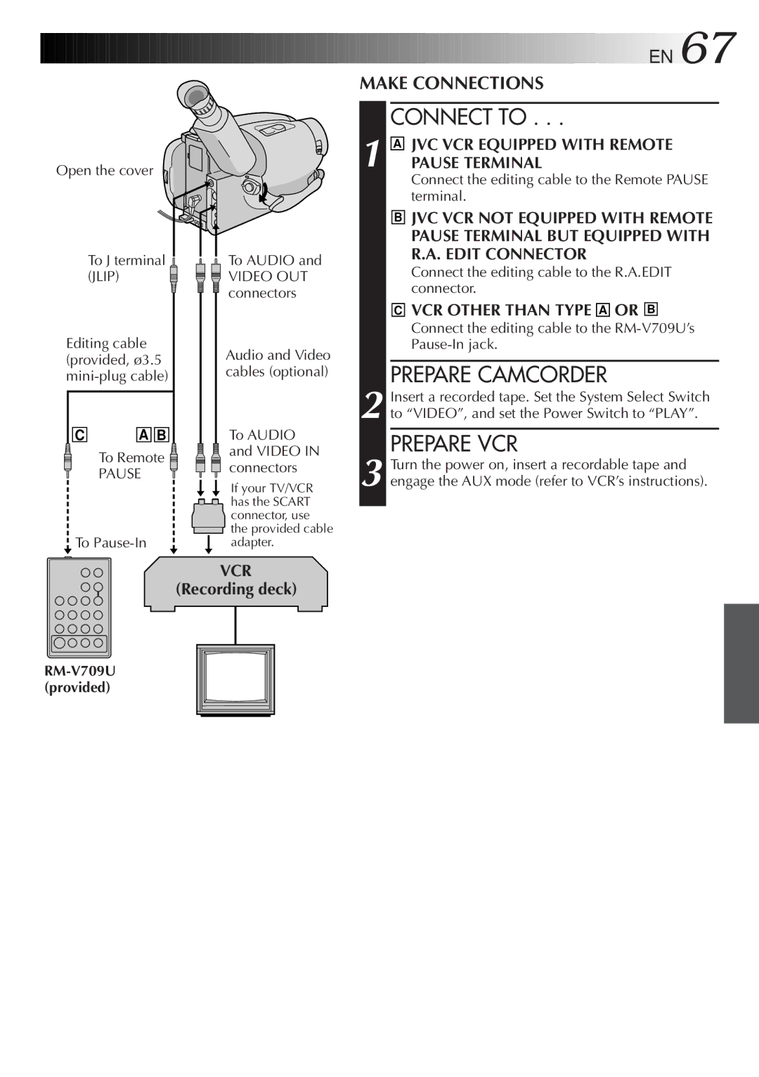 JVC GR-AXM500 specifications Connect to, Prepare Camcorder, Prepare VCR, Recording deck 