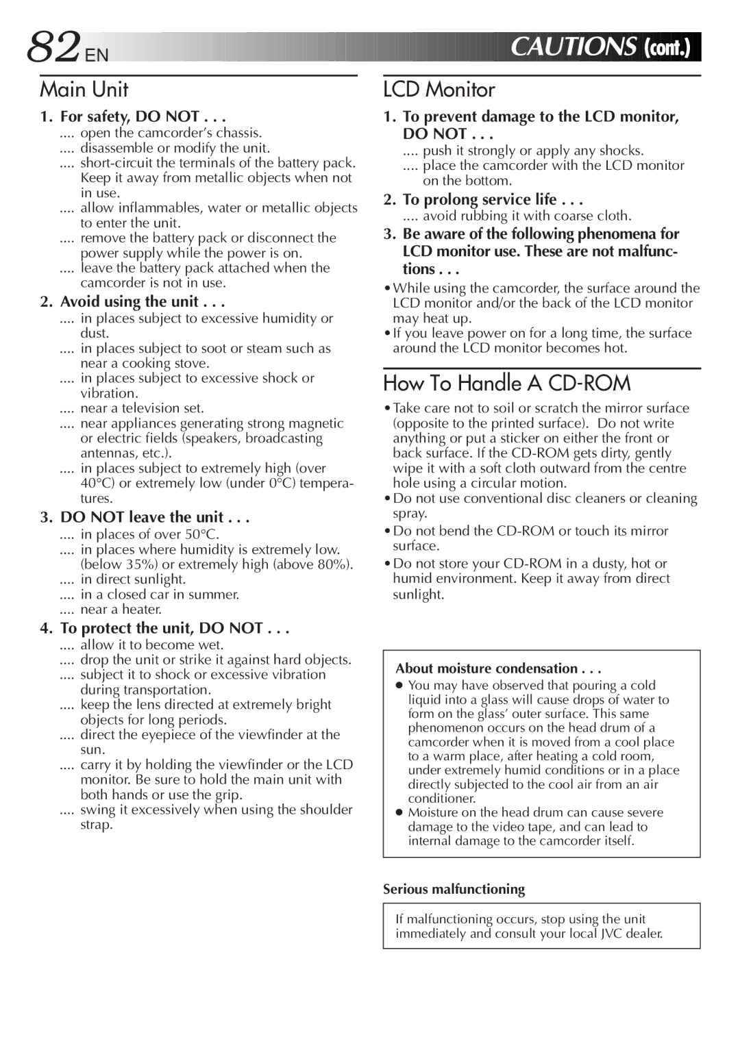 JVC GR-AXM500 specifications For safety, do not, Avoid using the unit, Do not leave the unit, To prolong service life 