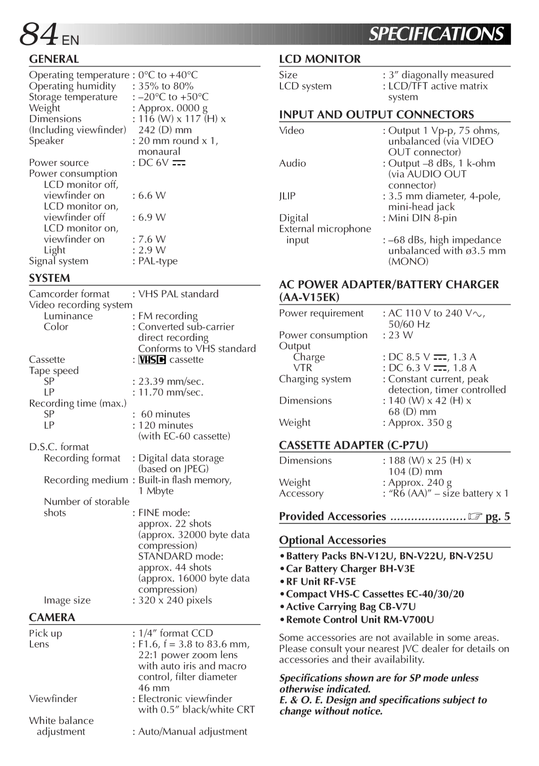 JVC GR-AXM500 specifications Optional Accessories 