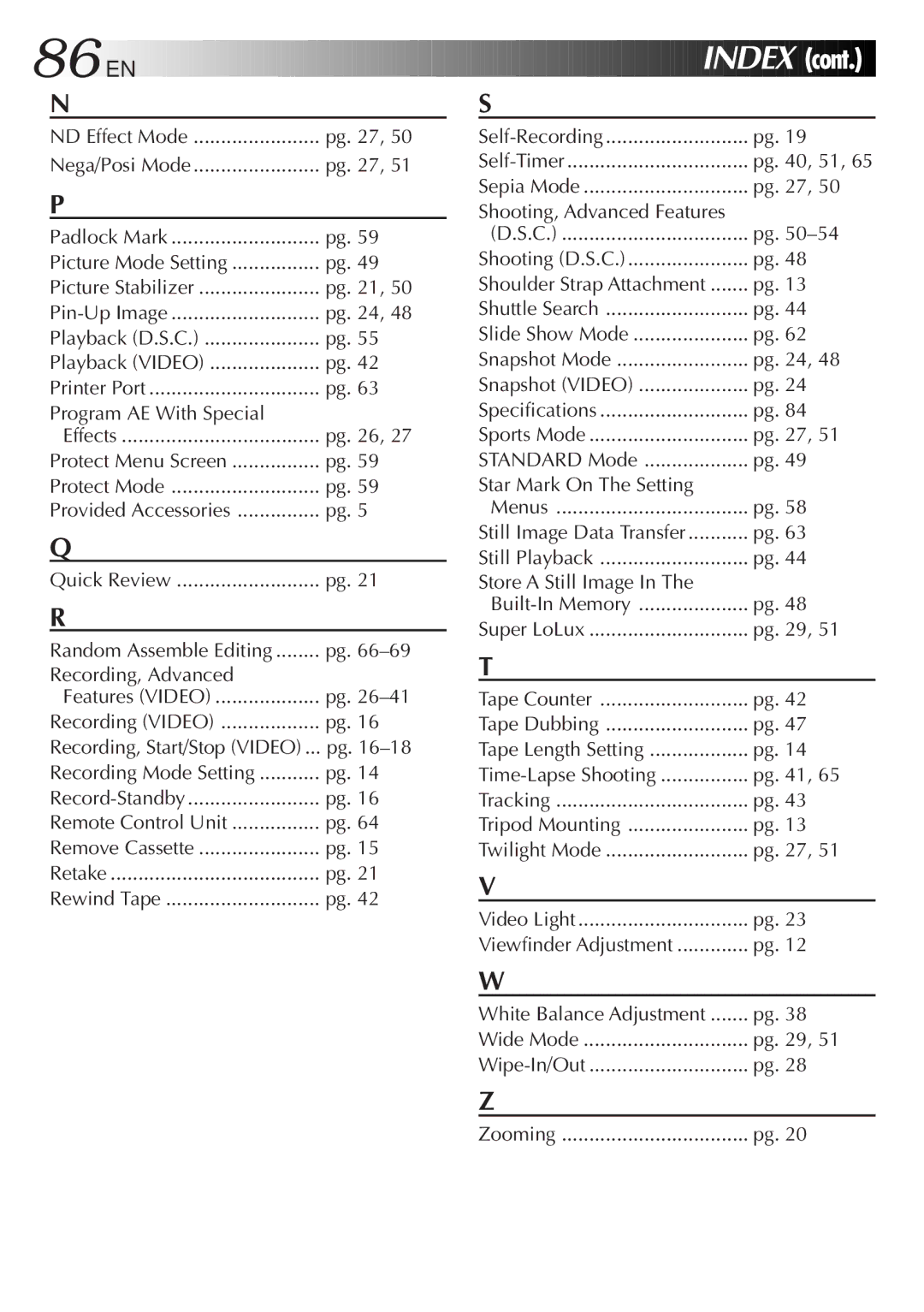 JVC GR-AXM500 specifications Index 