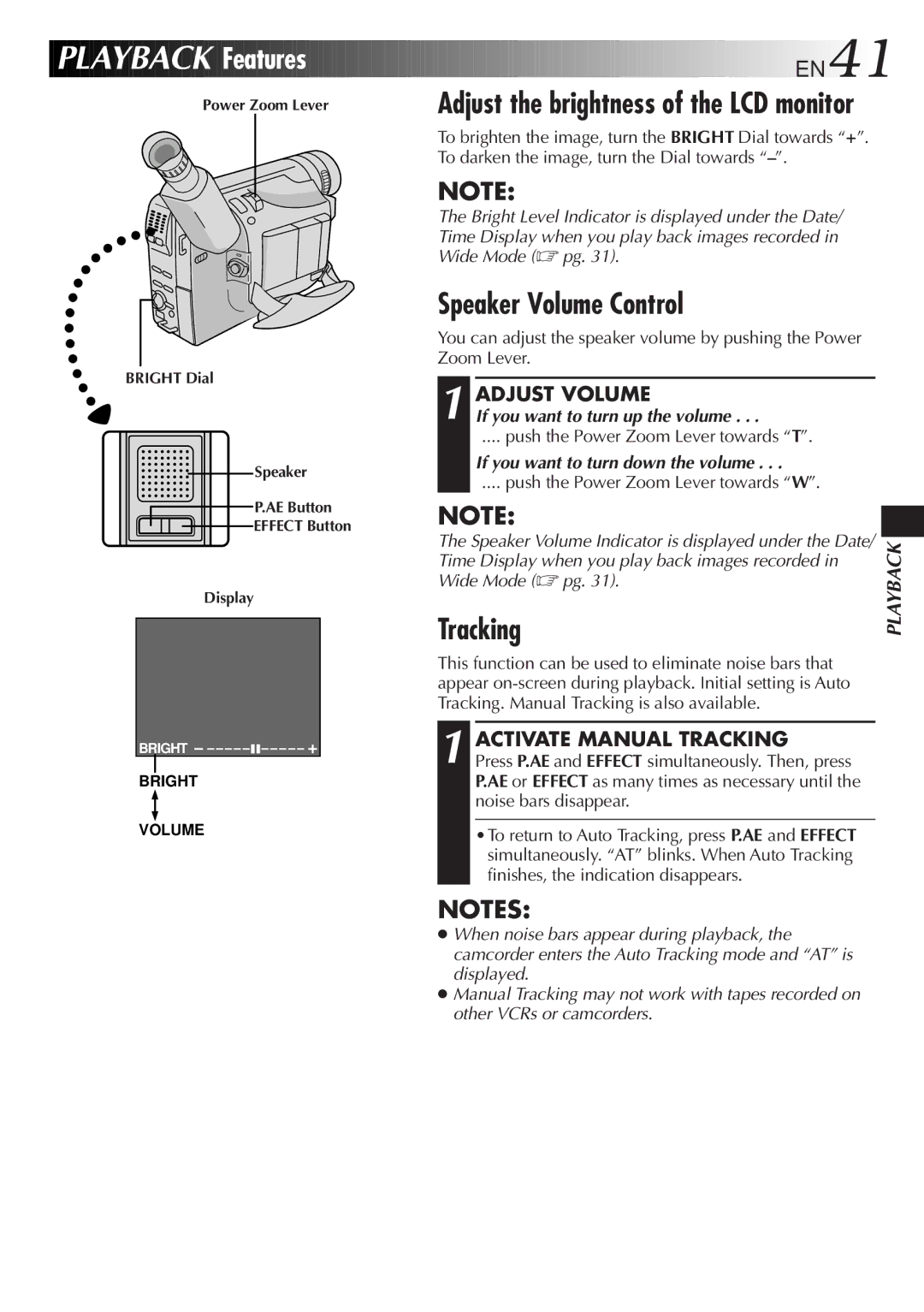 JVC GR-AXM510 manual Speaker Volume Control, Adjust Volume, Activate Manual Tracking 