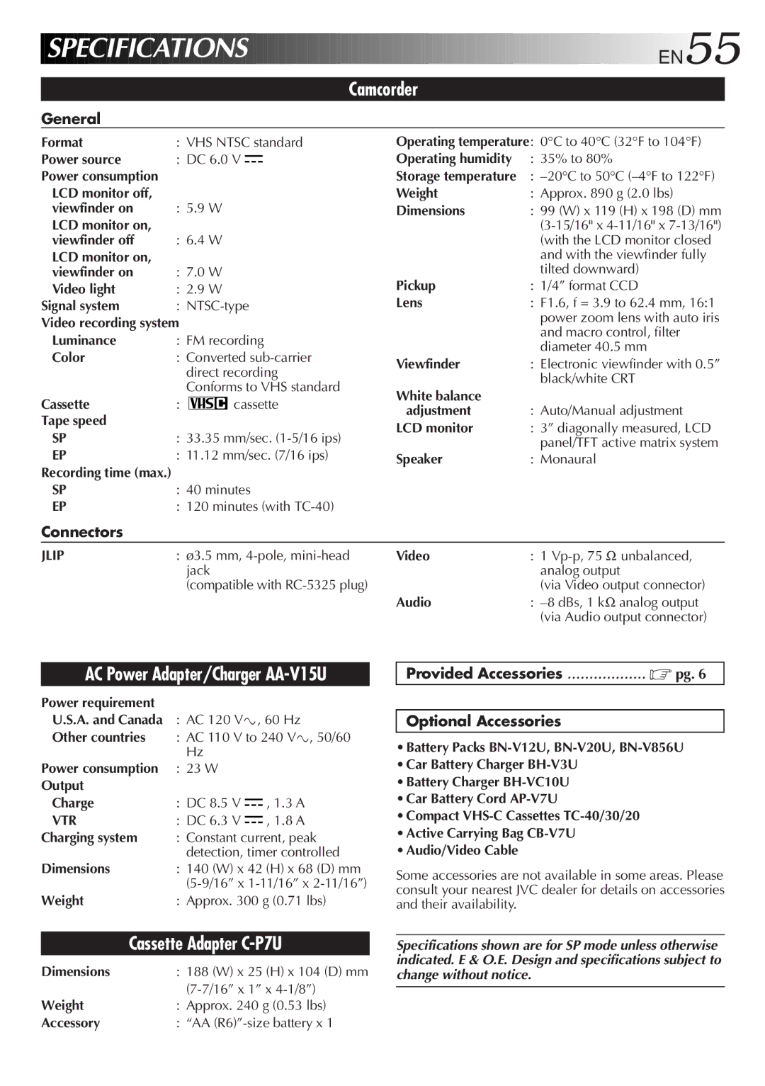 JVC GR-AXM510 manual General, Connectors, Provided Accessories Optional Accessories 