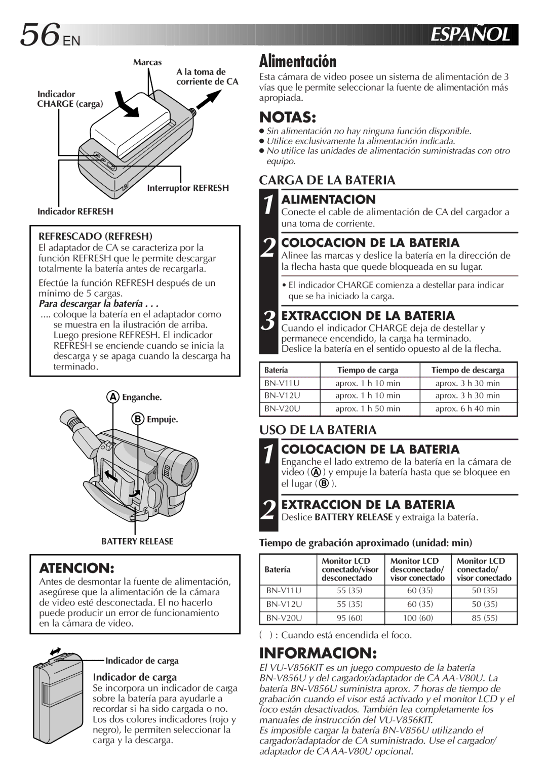 JVC GR-AXM510 manual Alimentación, Alimentacion, Colocacion DE LA Bateria, Indicador de carga 