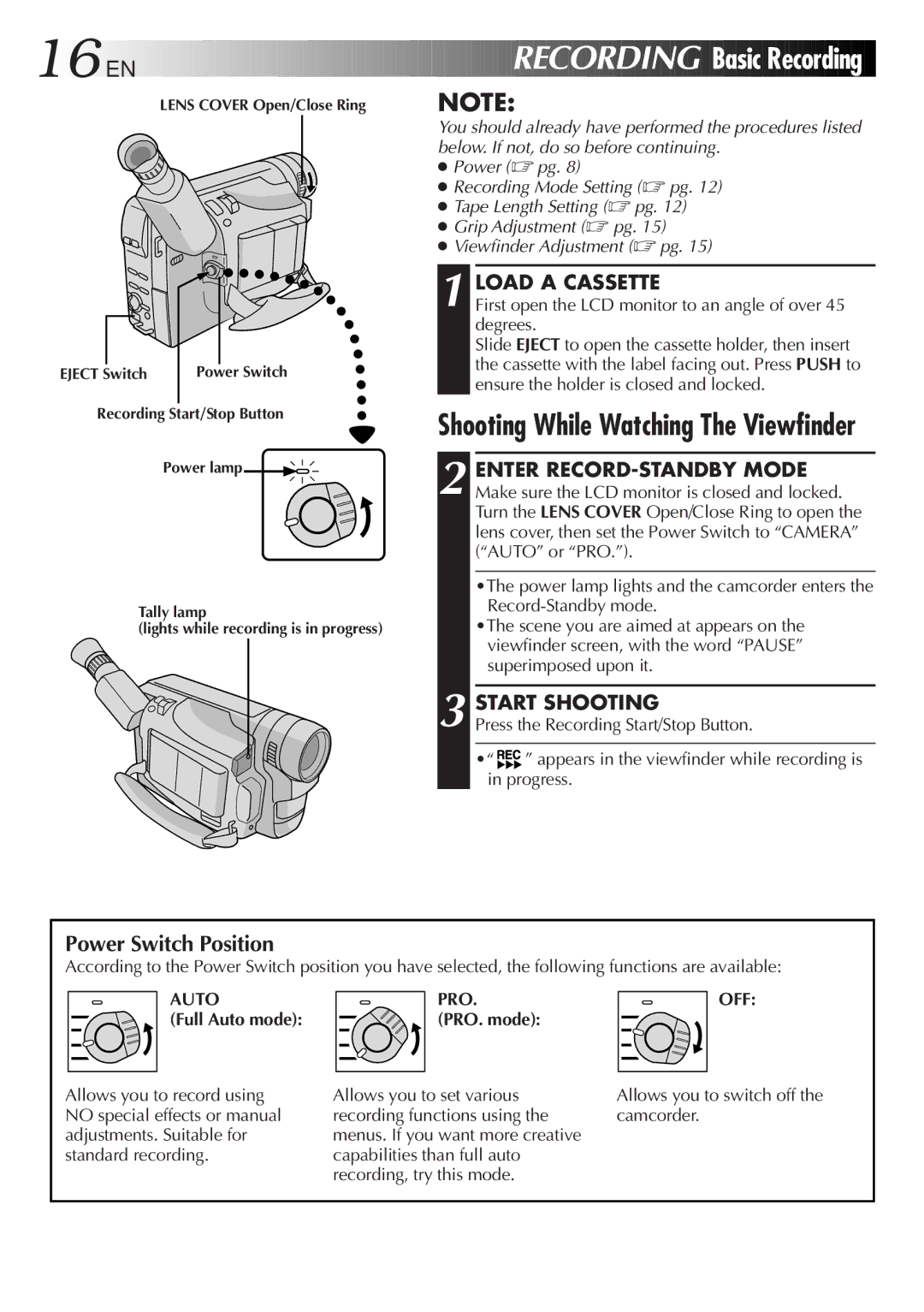 JVC GR-AXM511 manual Basic Recording, Power Switch Position, Load a Cassette, Start Shooting 