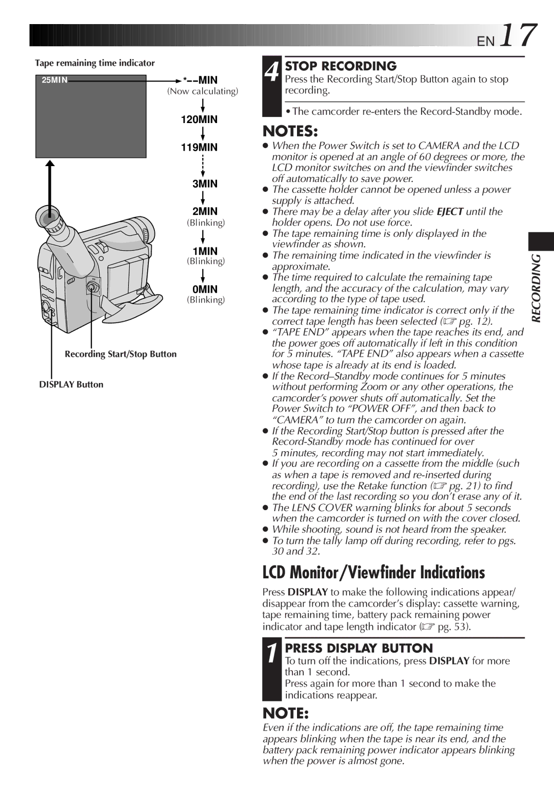 JVC GR-AXM511 manual LCD Monitor/Viewfinder Indications, Stop Recording, Press Display Button 