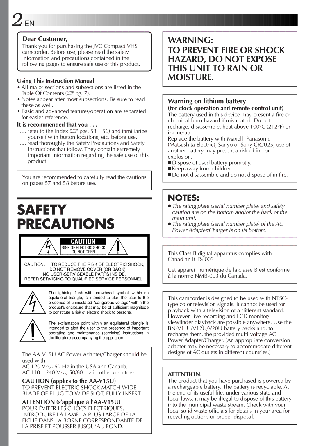 JVC GR-AXM511 manual It is recommended that you, For clock operation and remote control unit 